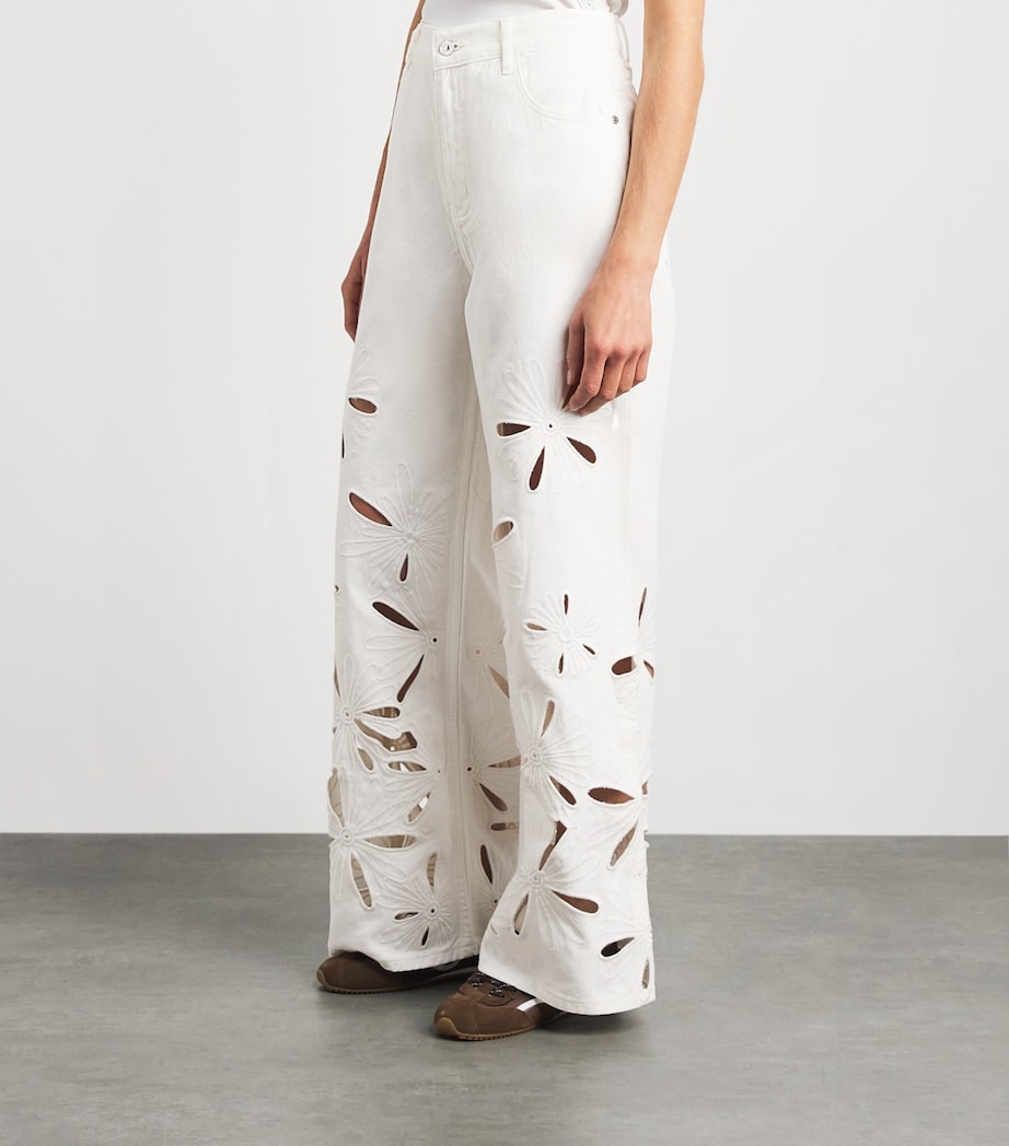 Sandro Paris Womens Embroidered Cut-Out Wide-Leg Jeans White Image 4