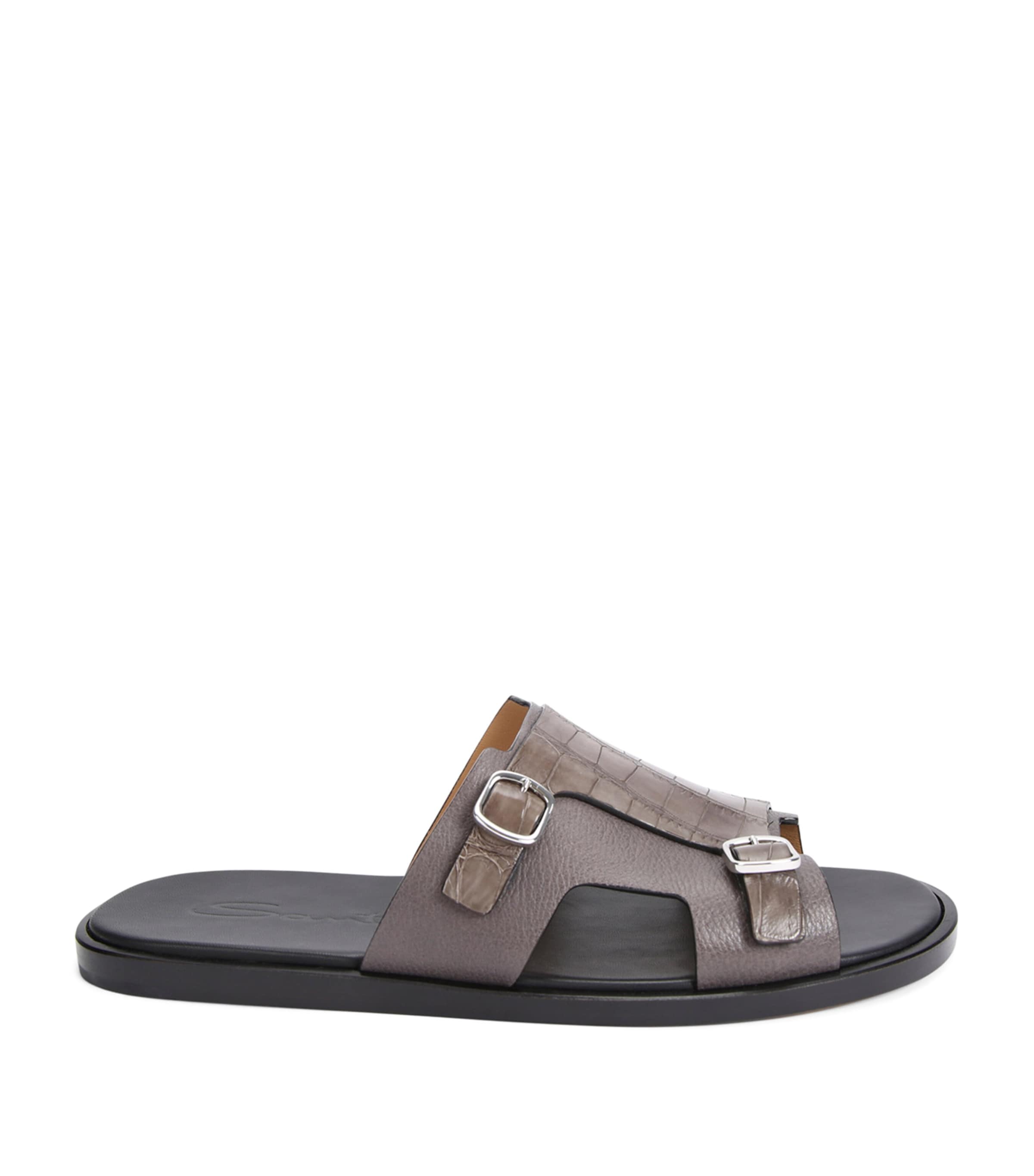 Santoni Crocodile Monk Sandals In Brown