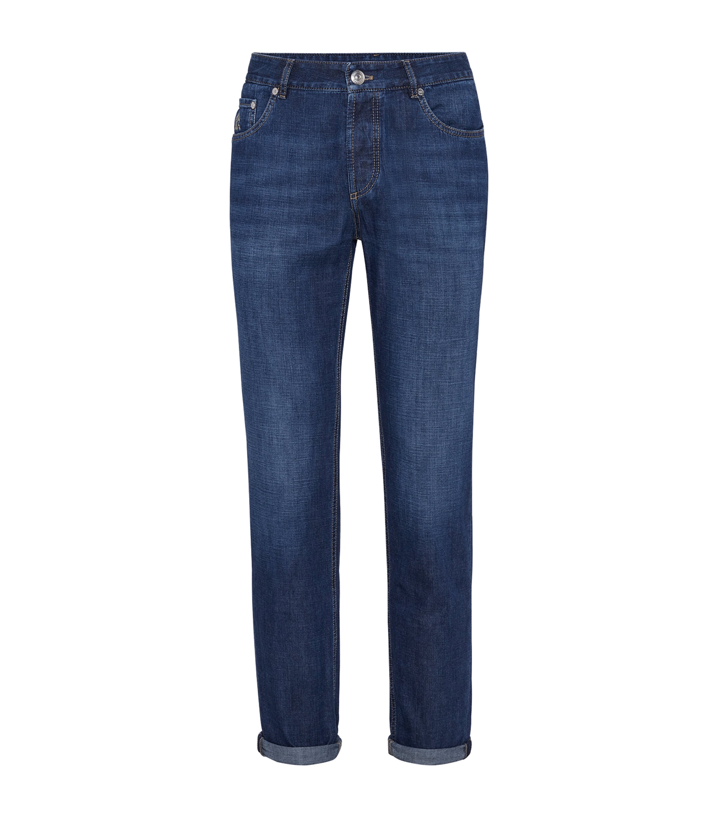 Brunello Cucinelli Light Blue Straight Leg Denim Jeans With Rolled Hem In Black