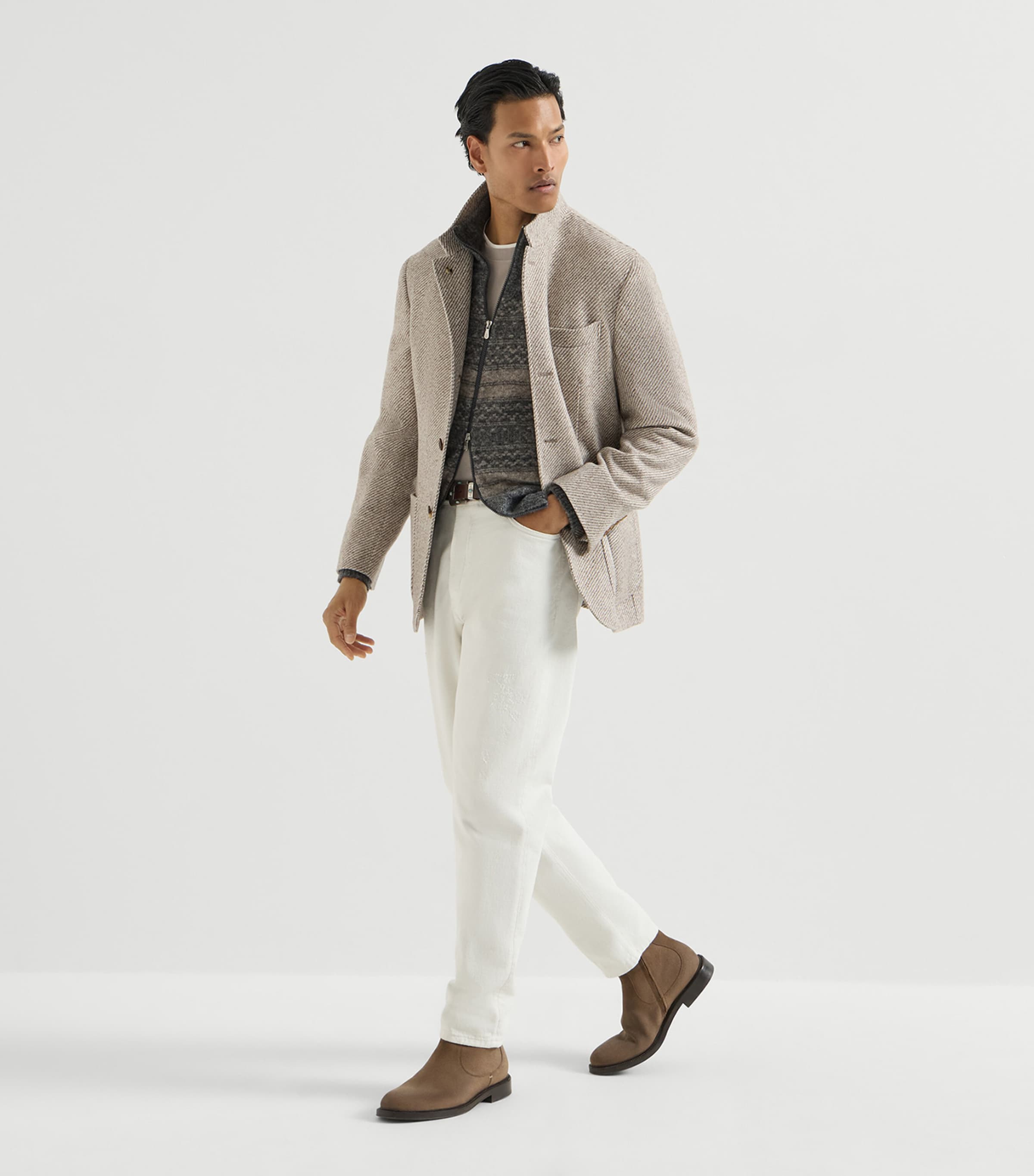 Brunello Cucinelli Mens Cotton Faux-Layer T-Shirt Grey+white Image 3