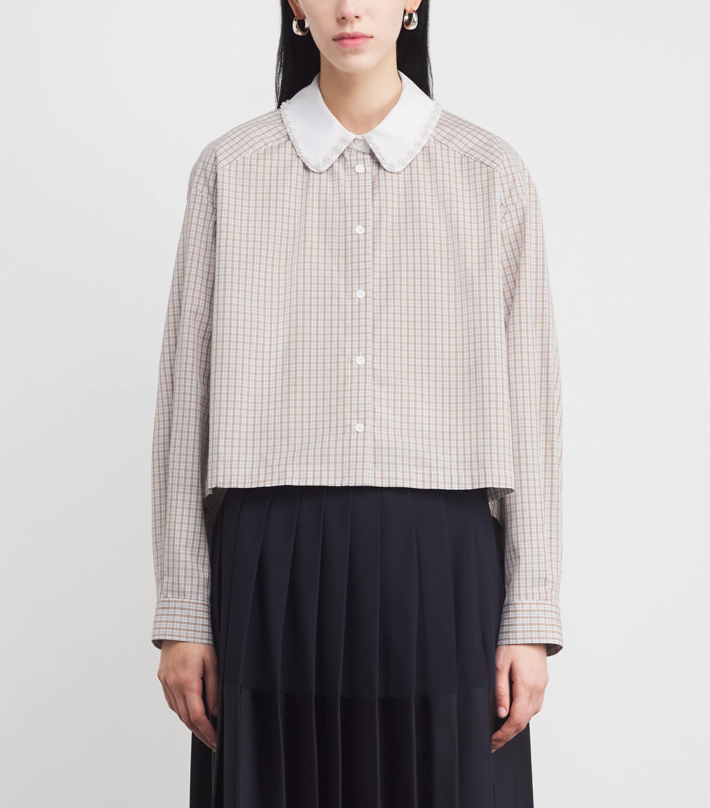 Cotton Check Embellished Shirt BEIGE / WHITE Image 3