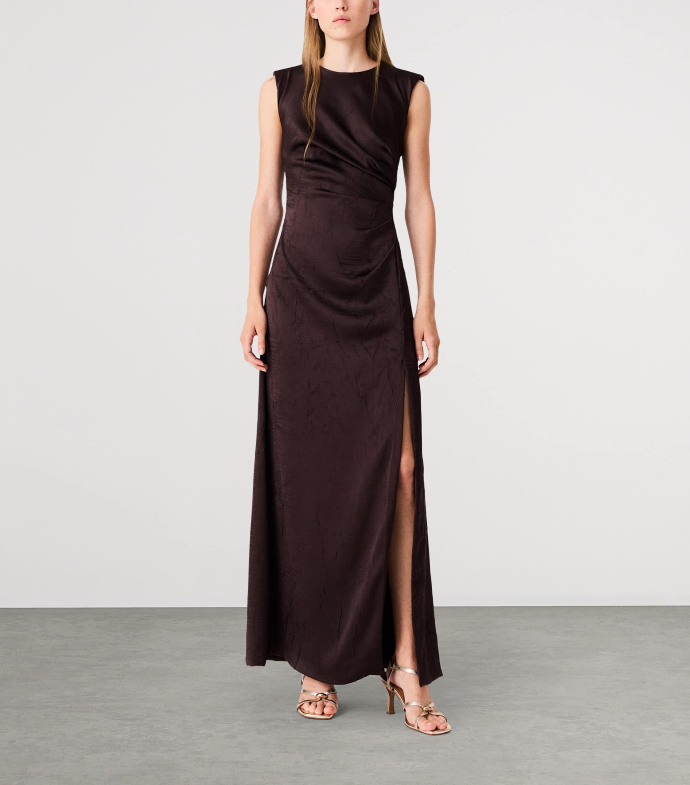 Maje Womens Ruched Sleeveless Midi Dress Brown Image 2