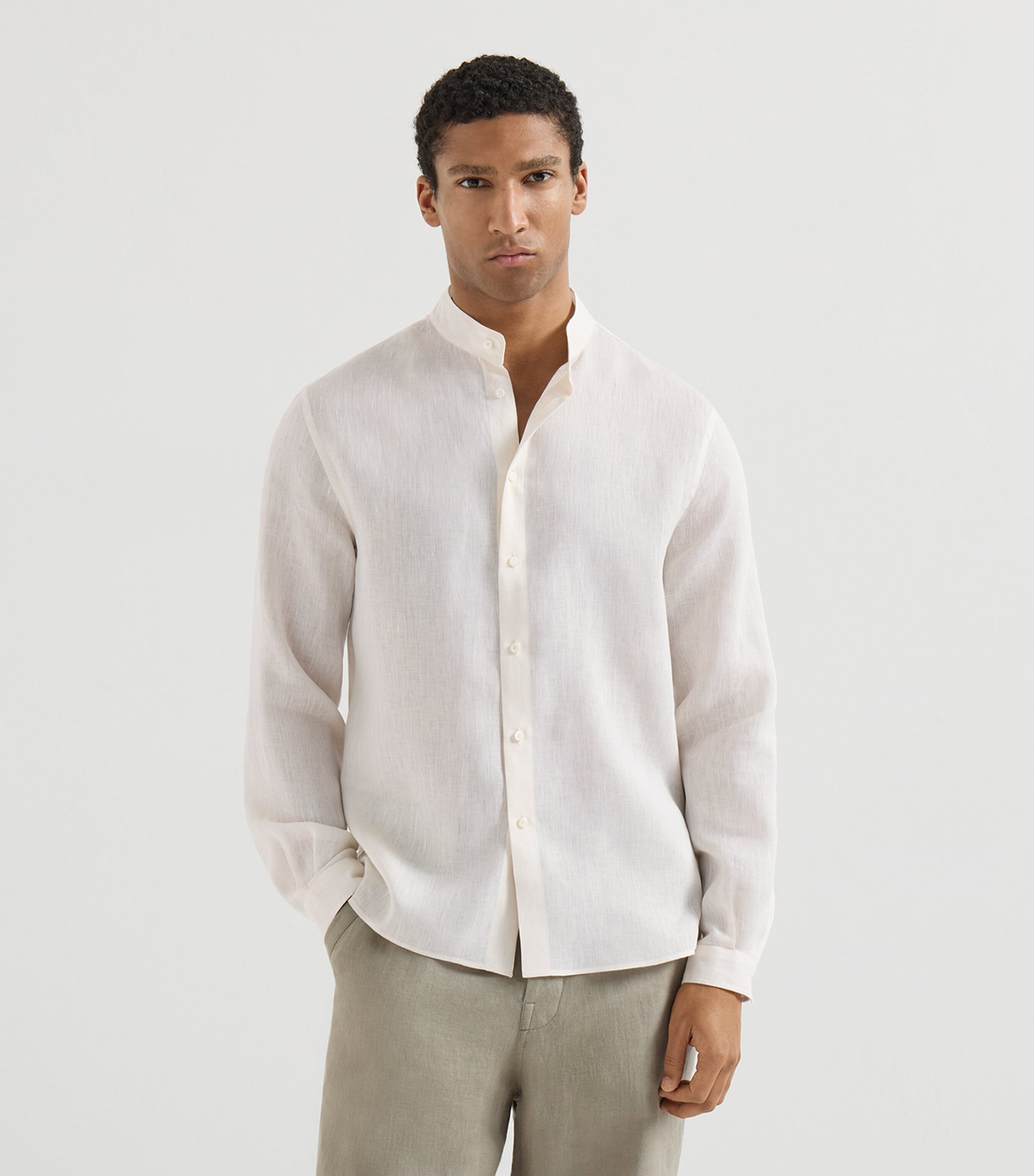 Brunello Cucinelli Mens Linen Mandarin Collar Shirt Image 3