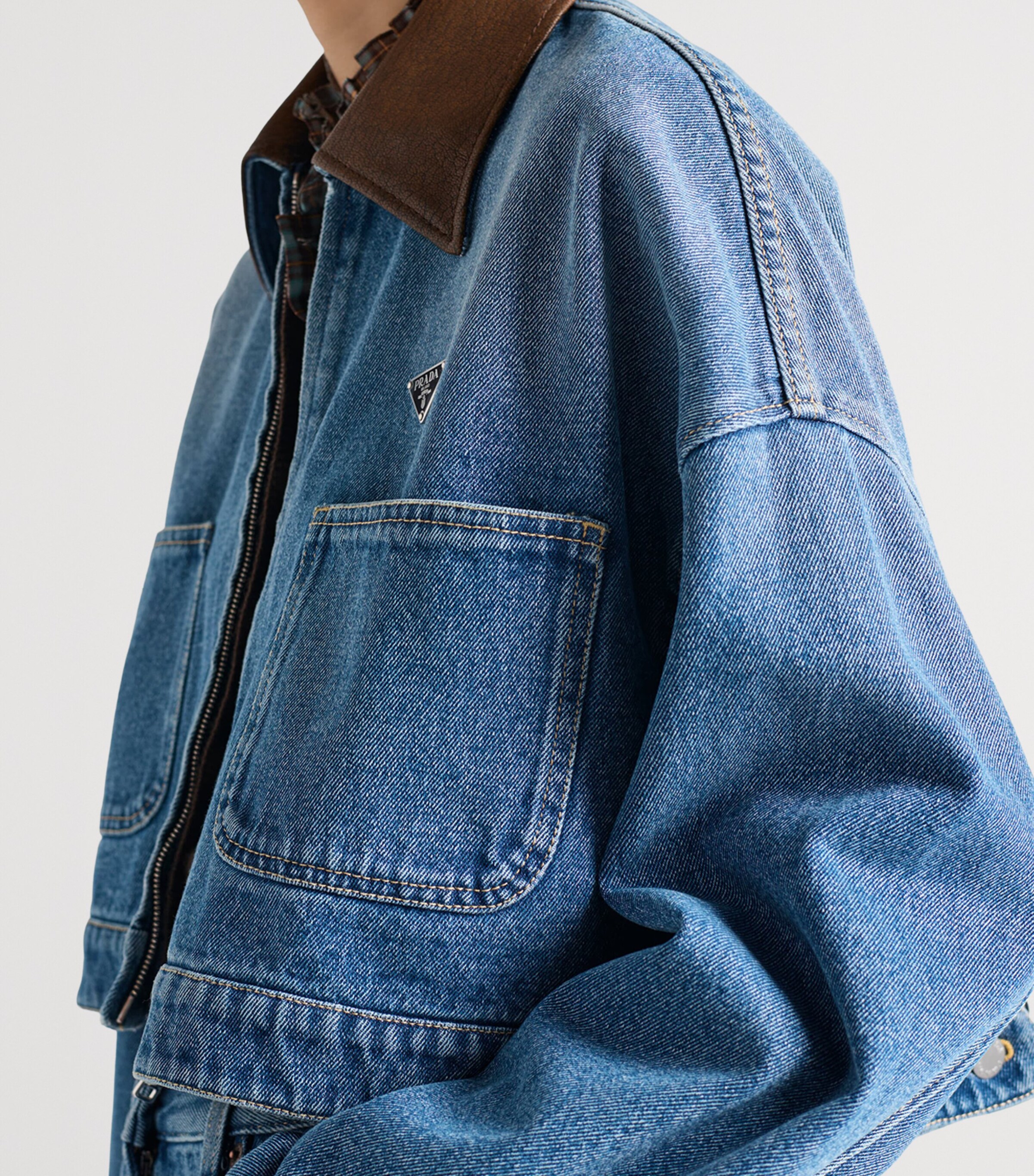 Prada Leather-Collar Cropped Denim Jacket | Harrods UK