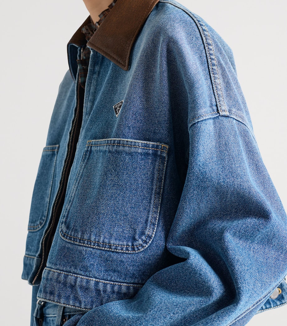 Leather-Collar Cropped Denim Jacket F0V3N Image 3