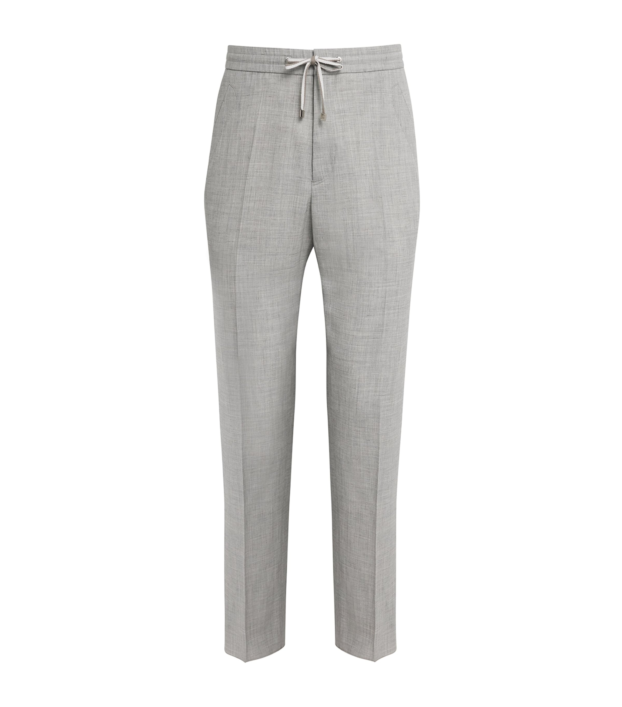Brett Johnson Mens Wool-Silk-Linen Drawstring Trousers Light Grey Image 1