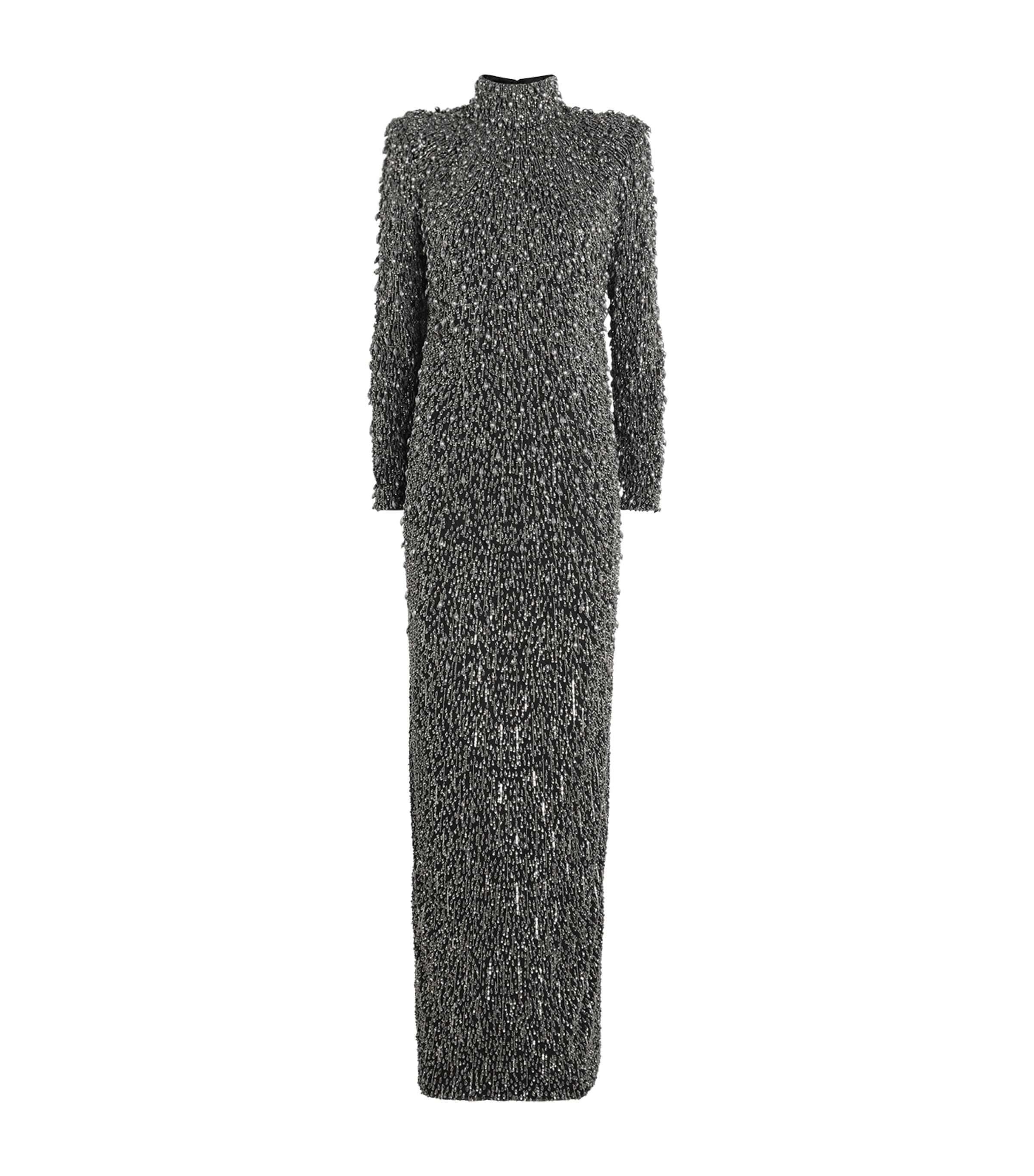 Pamella Roland Crystal-embroidered Teardrop Gown In Gray