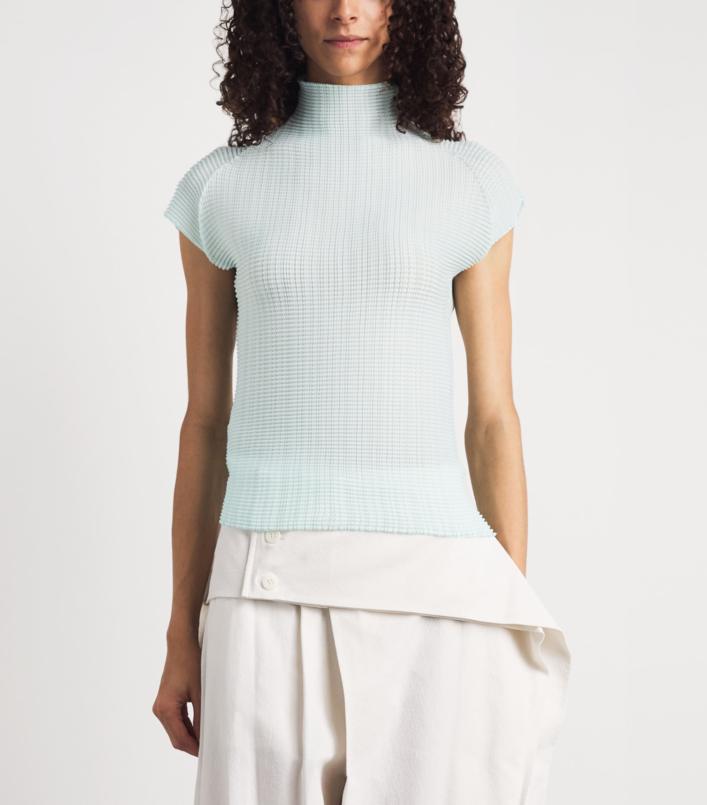 Issey Miyake Womens Wooly Pleats Mock-Neck Top Light Blue Image 4