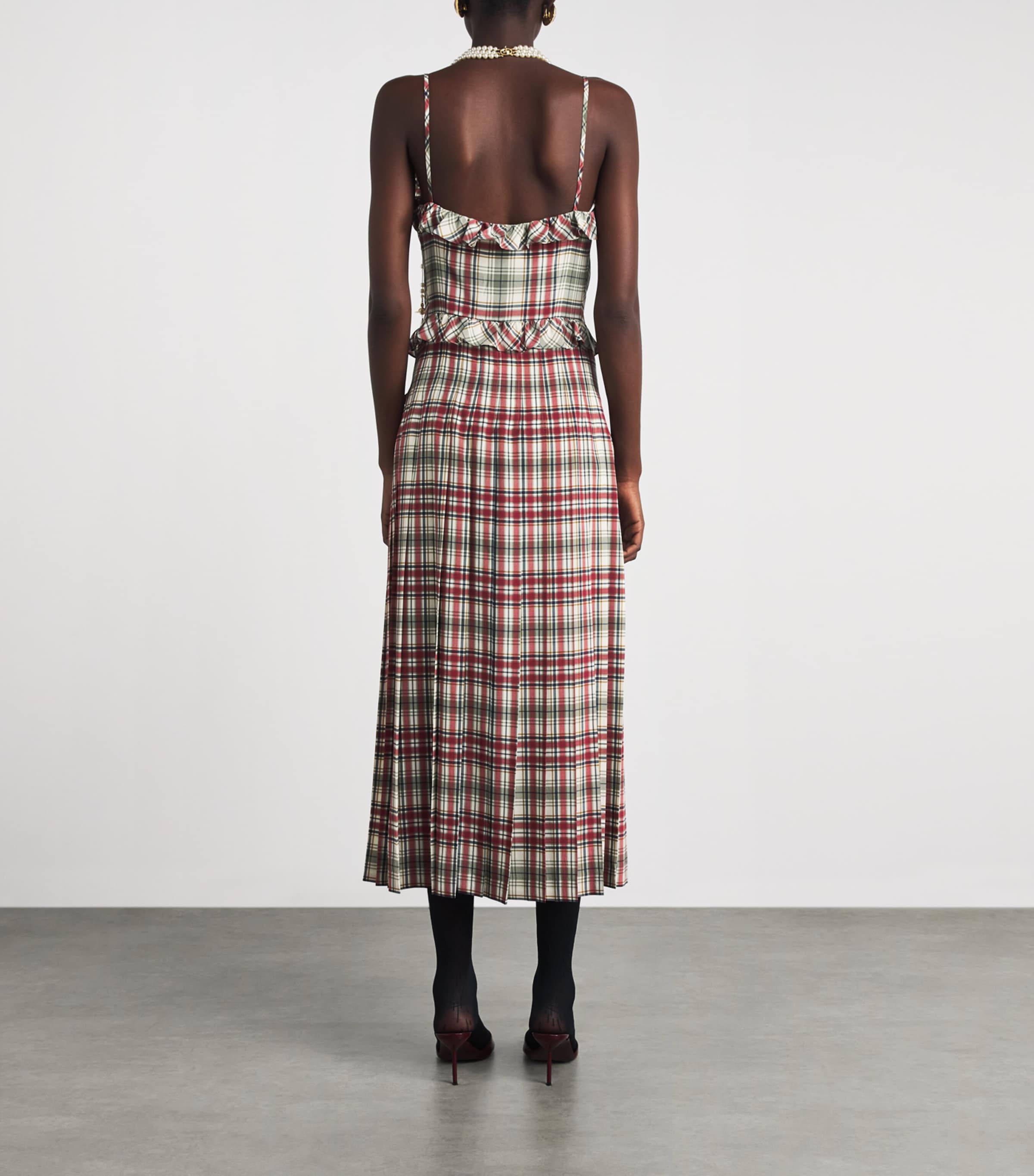 Alessandra Rich Womens Silk Check Ruffled Midi Dress Green Red Image 4