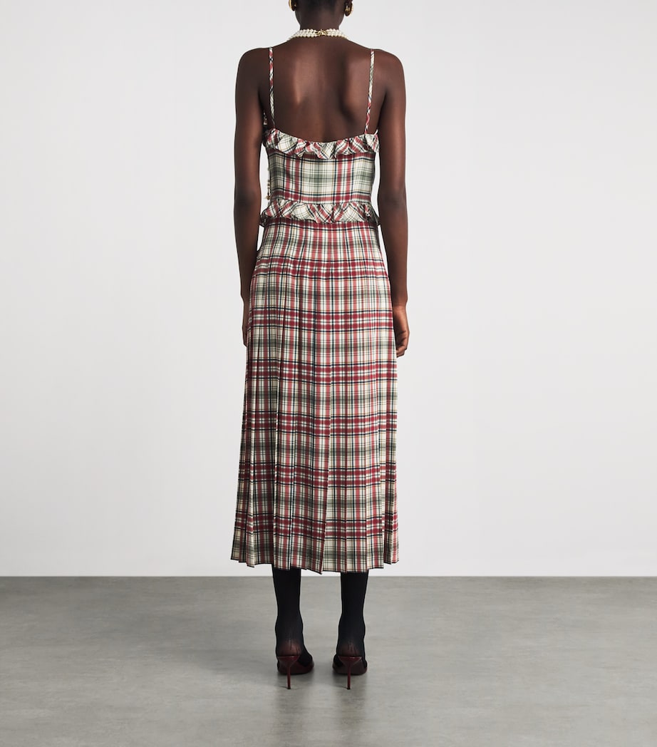 Alessandra Rich Womens Silk Check Ruffled Midi Dress Green Red Image 4