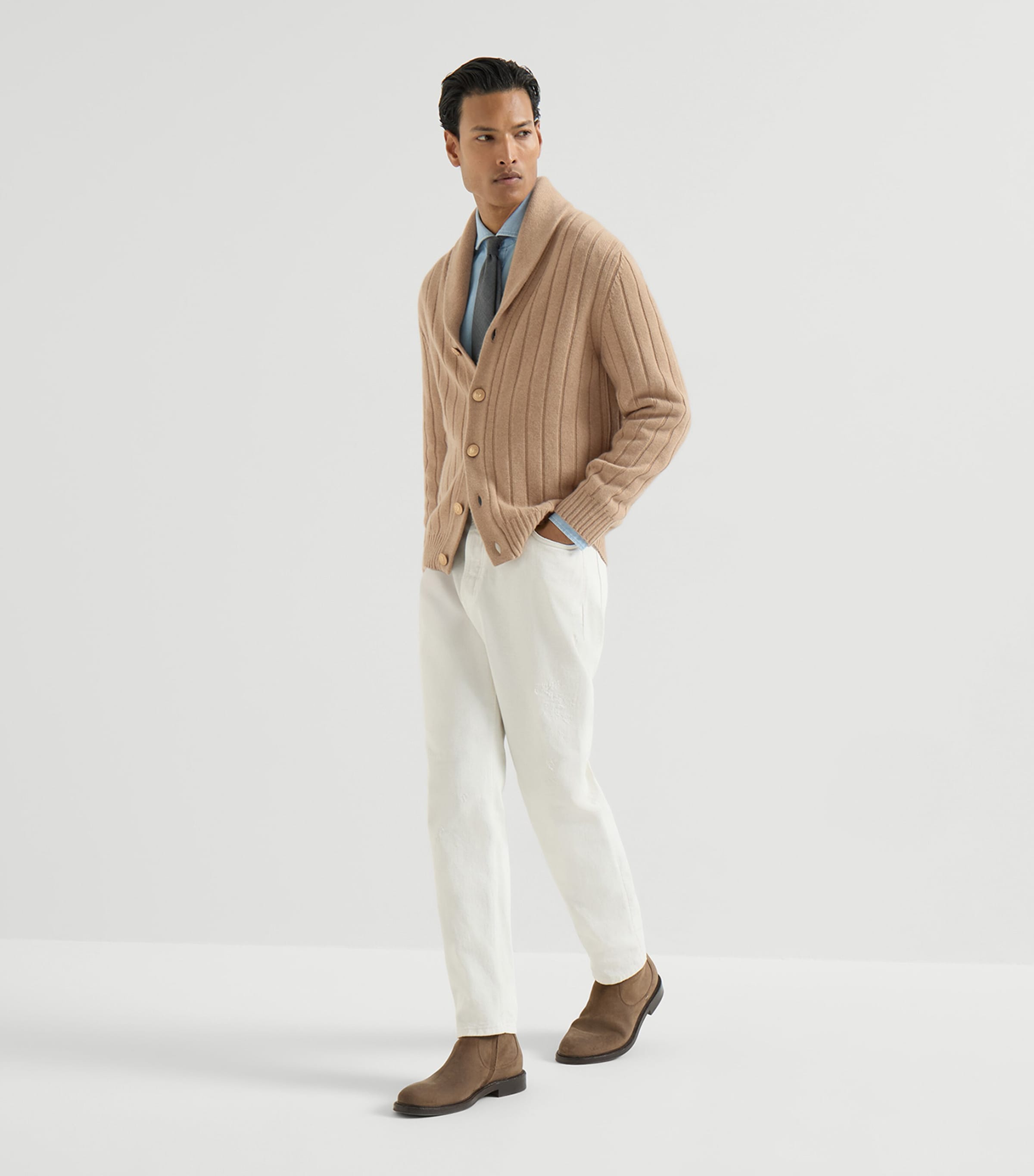 Brunello Cucinelli Mens Cashmere Ribbed Cardigan Camel Image 5