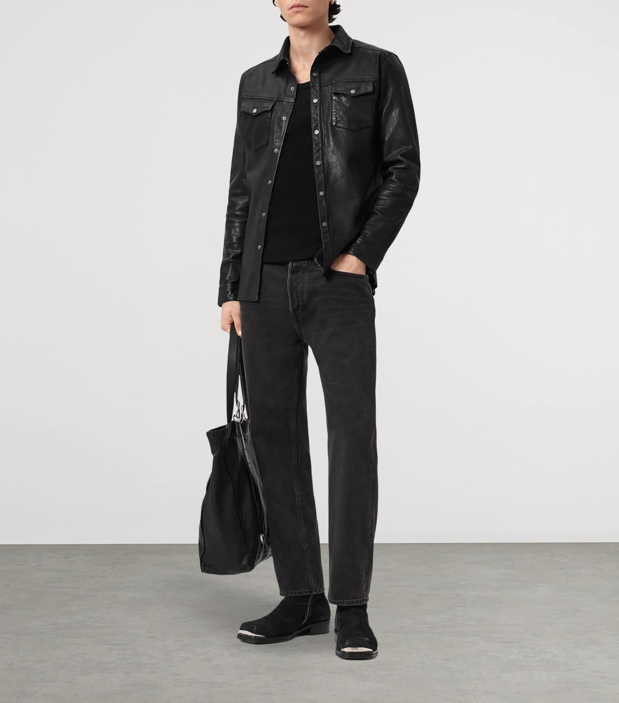 AllSaints Mens Leather Irwin Shirt Black Image 7