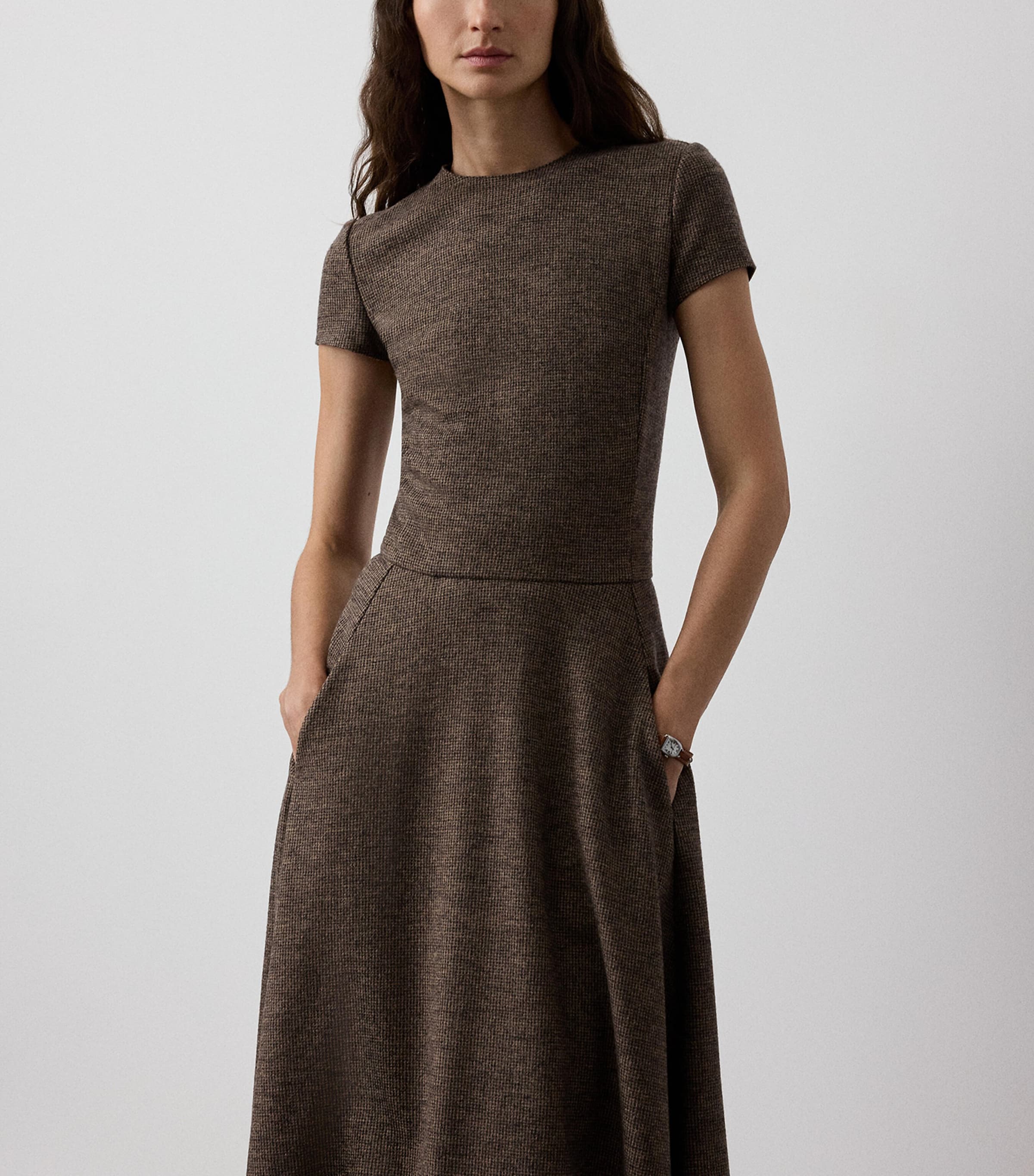 Wool Tick-Weave Margaret Midi Dress DARK BROWN/CAMEL Image 2