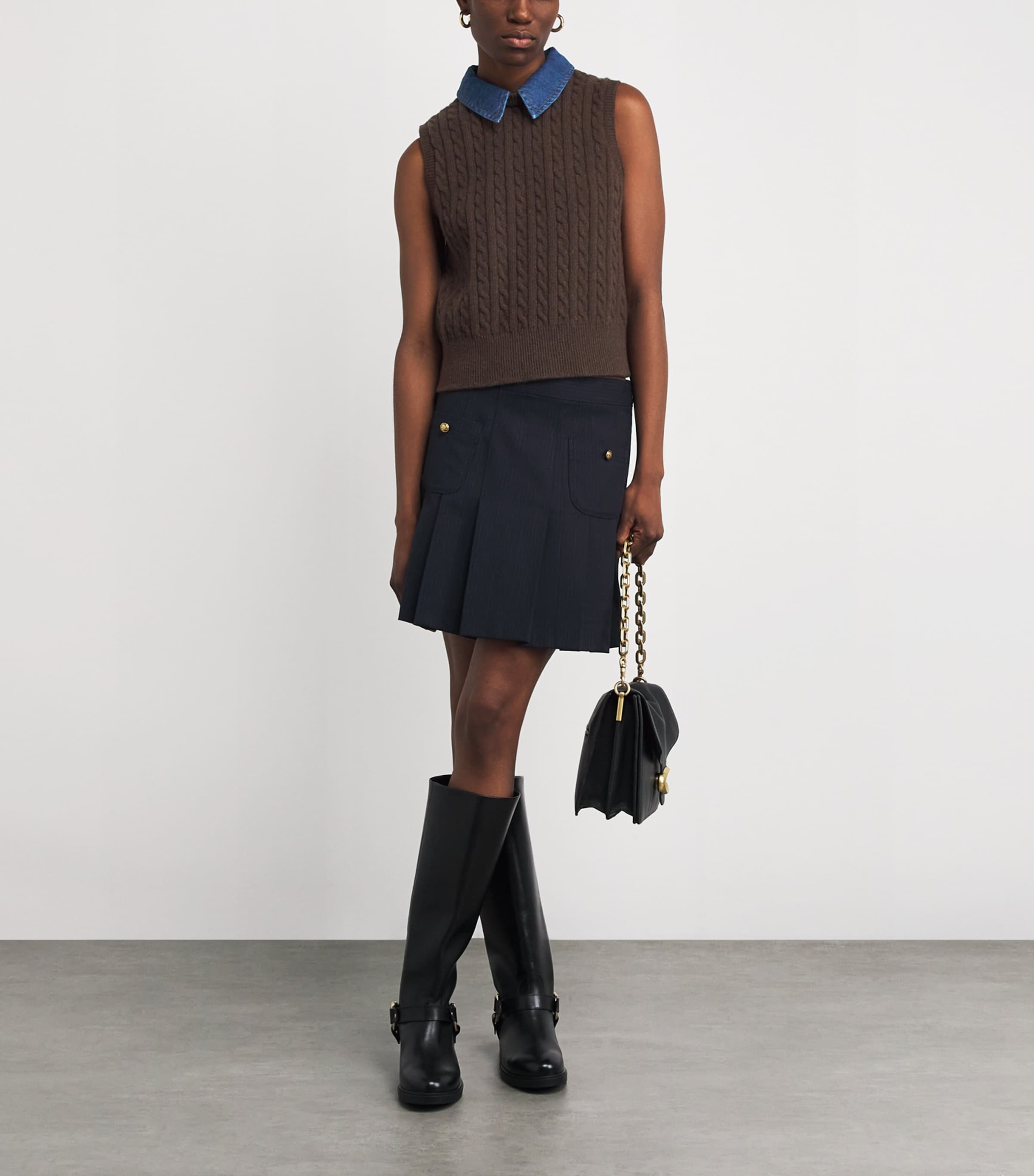 Wool-Blend Denim-Collar Sweater Vest BROWN Image 2