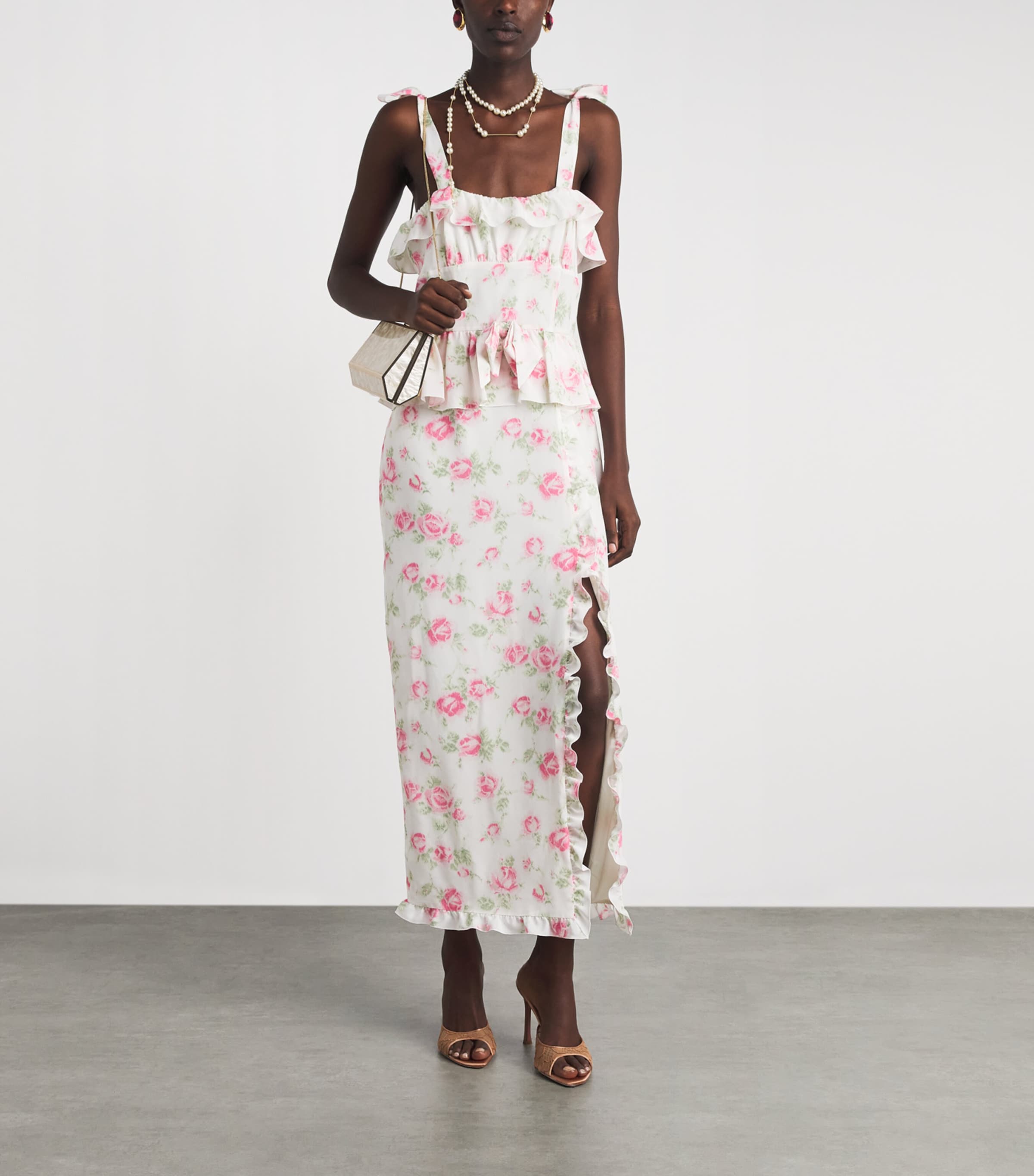 Alessandra Rich Womens Silk Floral Ruffled Midi Dress Pink White Image 2