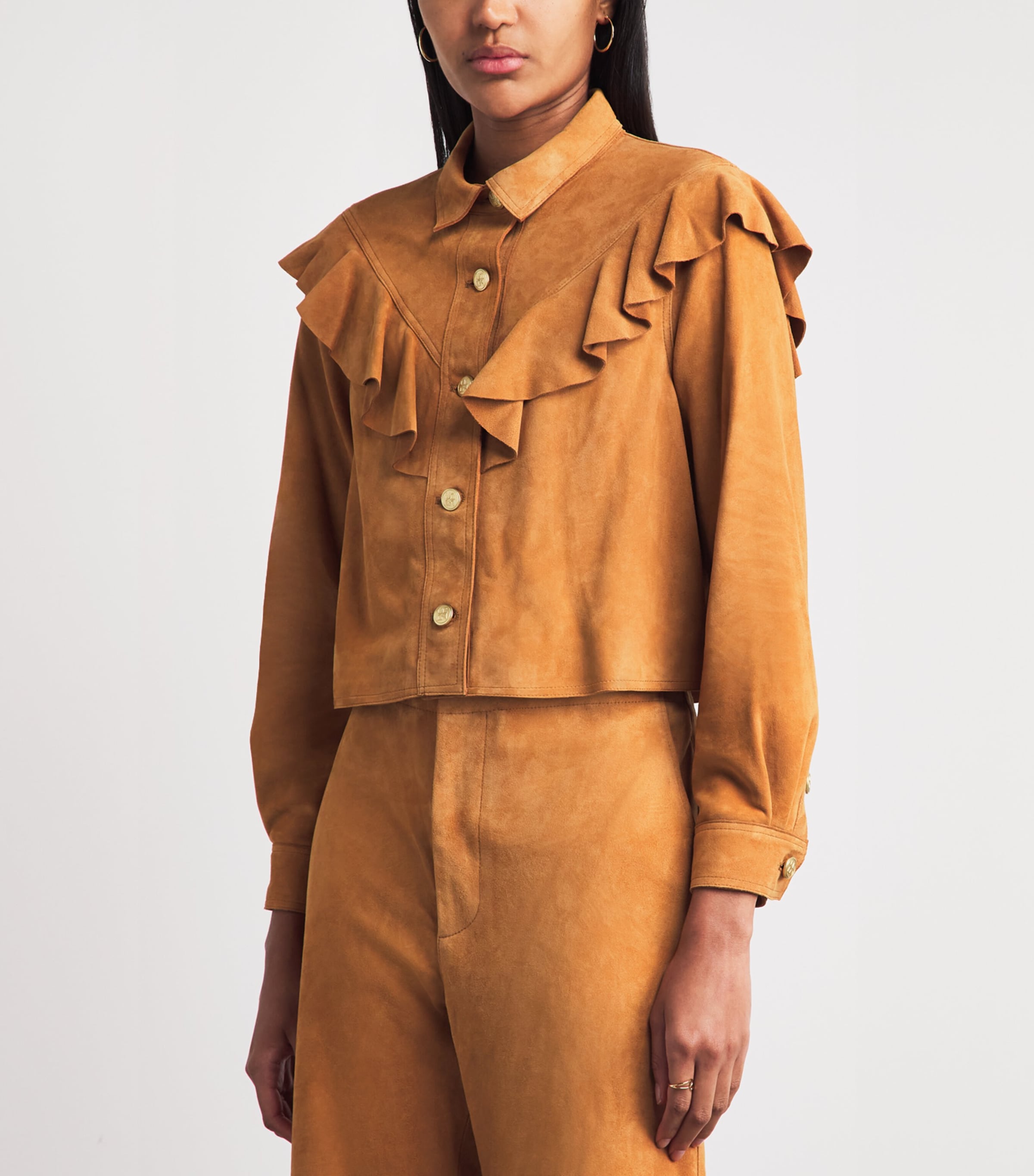 Ulla Johnson Womens Ruffled Matilde Suede Jacket Cognac Image 4