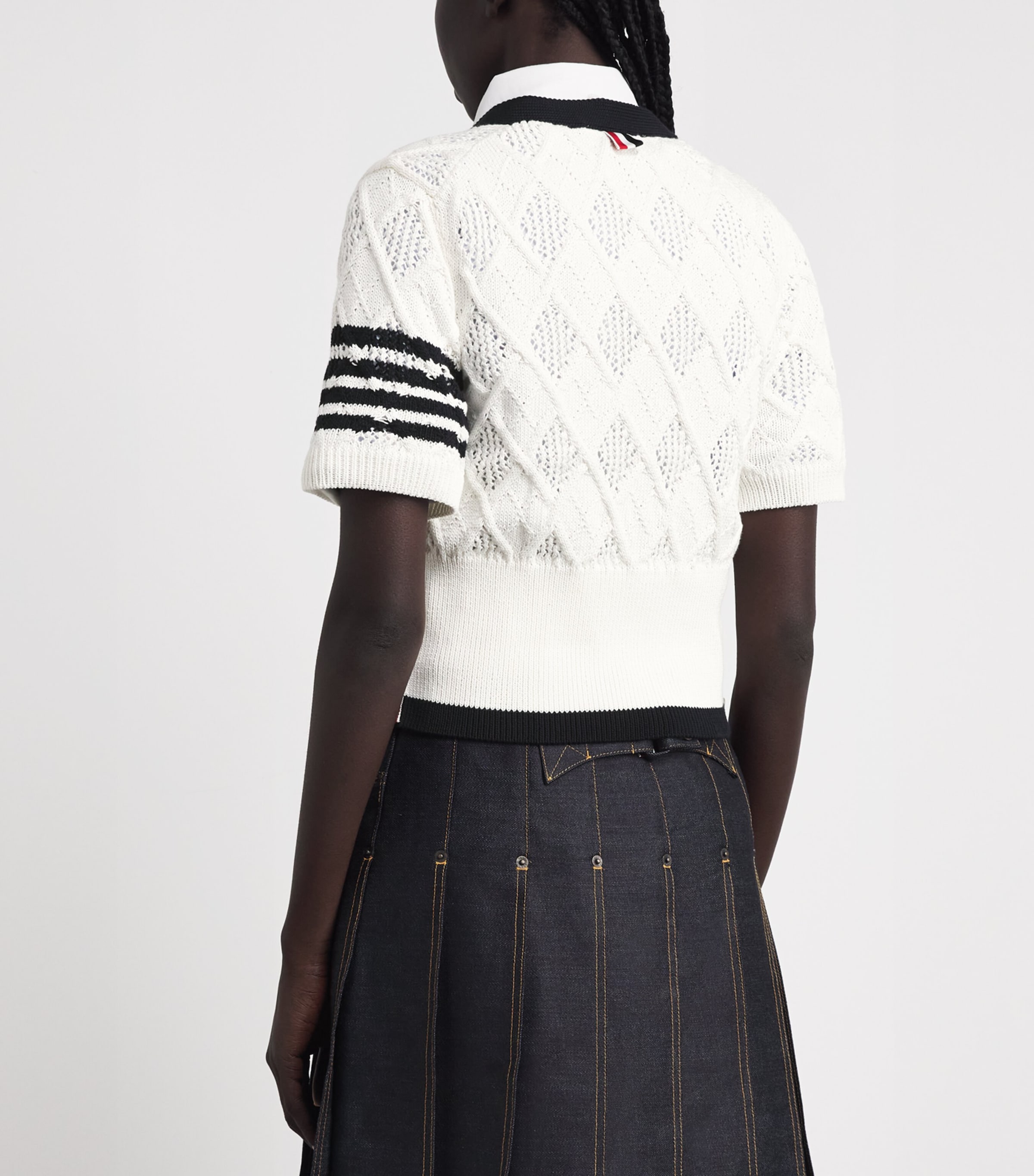 Thom Browne Womens Argyle Pointelle Knit Cardigan White Image 5