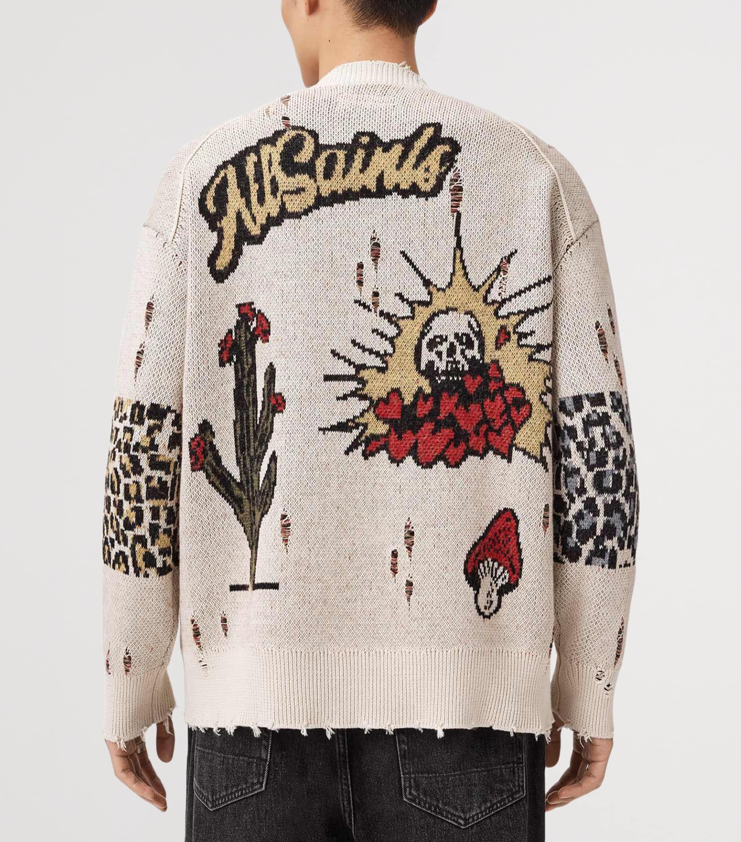 AllSaints Mens Organic Cotton-Blend Distressed Foxx Cardigan Ecru White Image 4