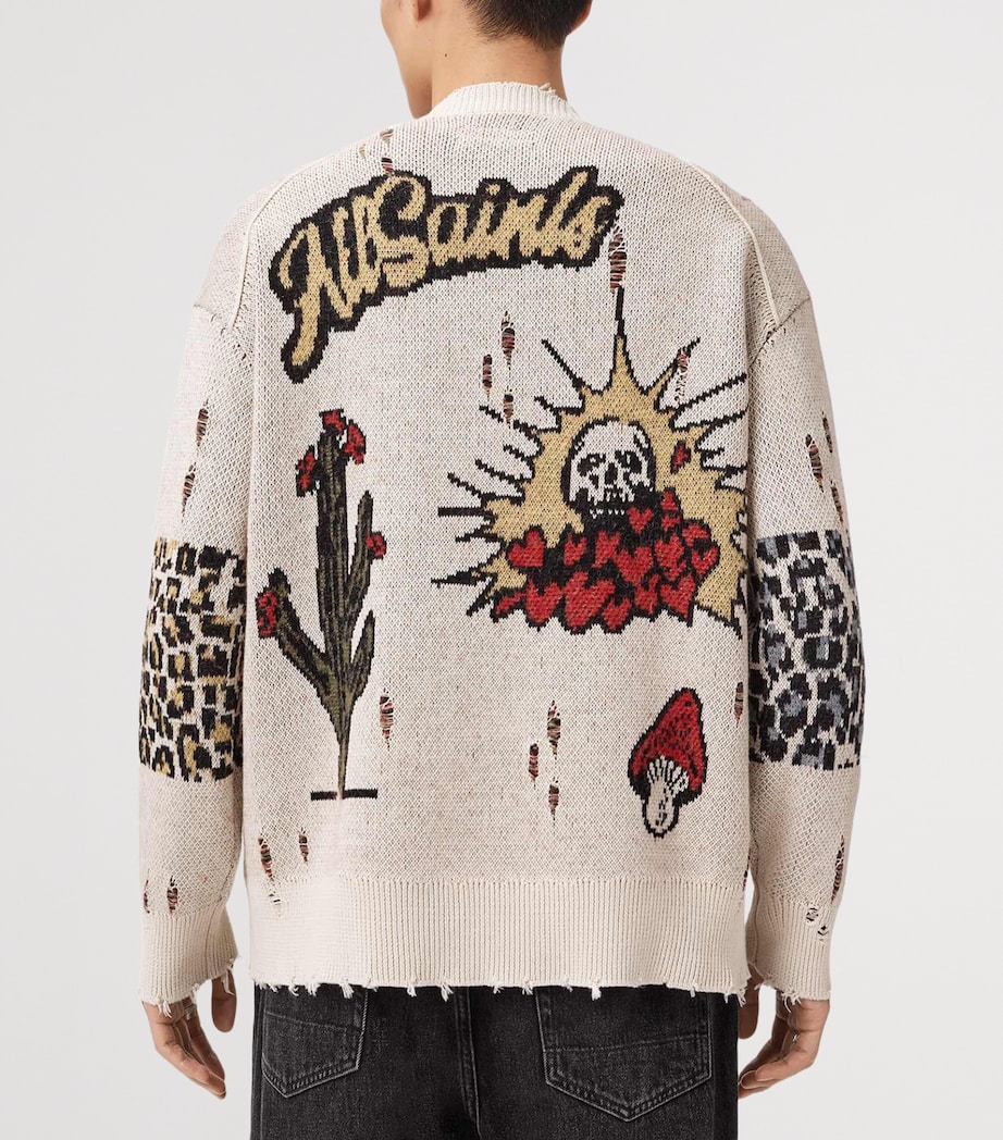 AllSaints Mens Organic Cotton-Blend Distressed Foxx Cardigan Ecru White Image 4