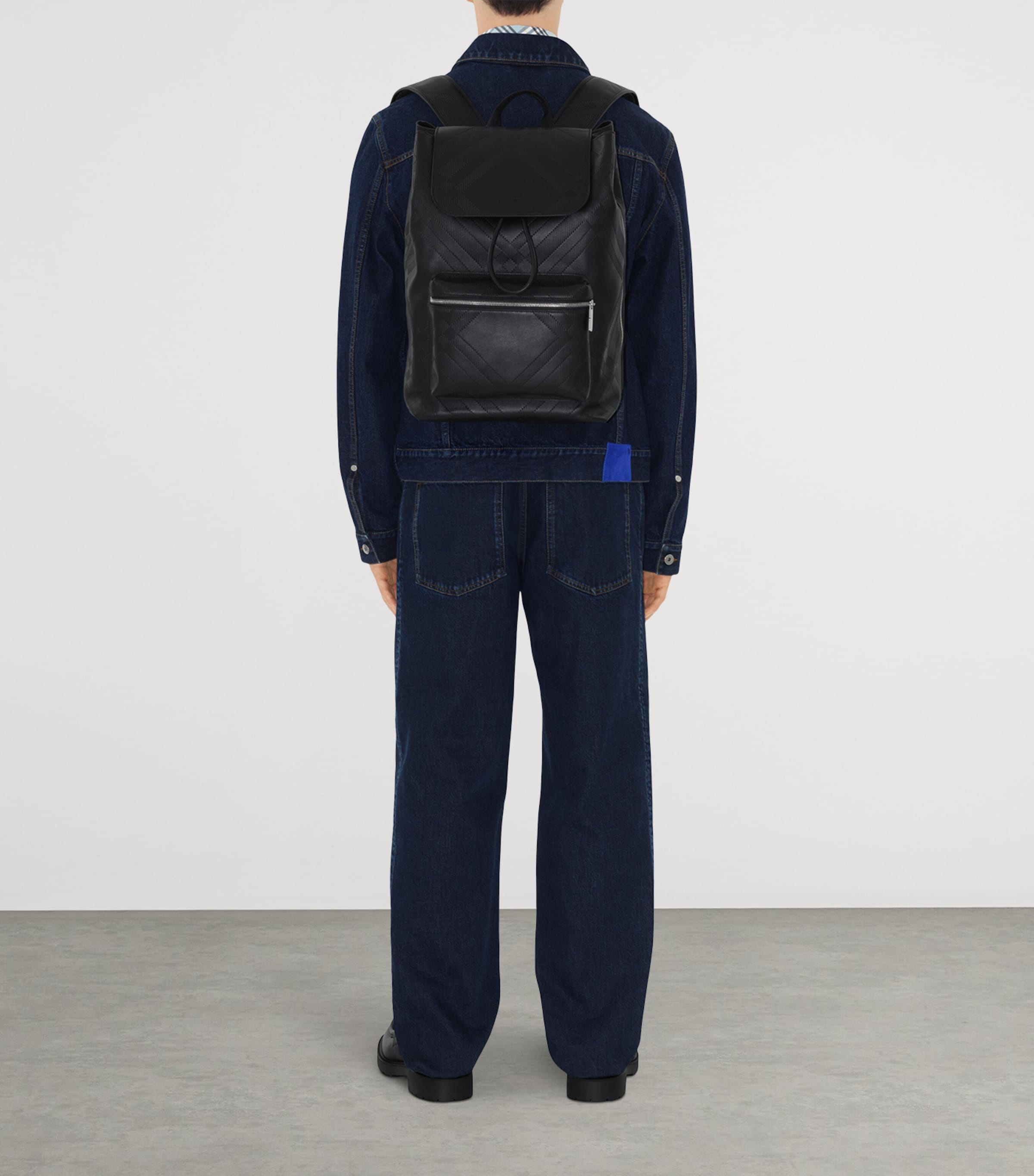 Leather Check-Embossed Backpack BLACK Image 2