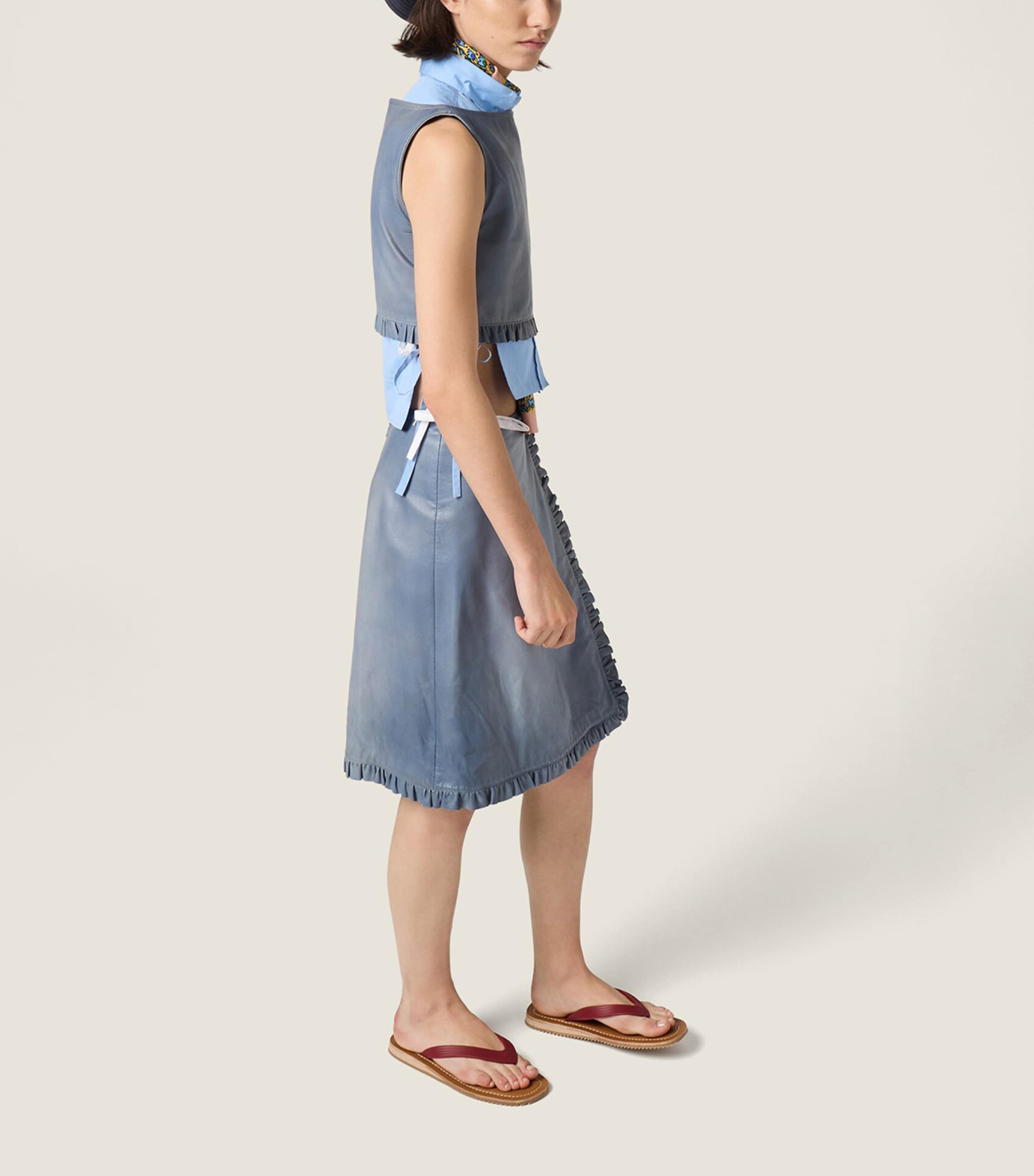 Miu Miu Womens Nappa Leather Ruffle Midi Skirt Light Blue Image 4