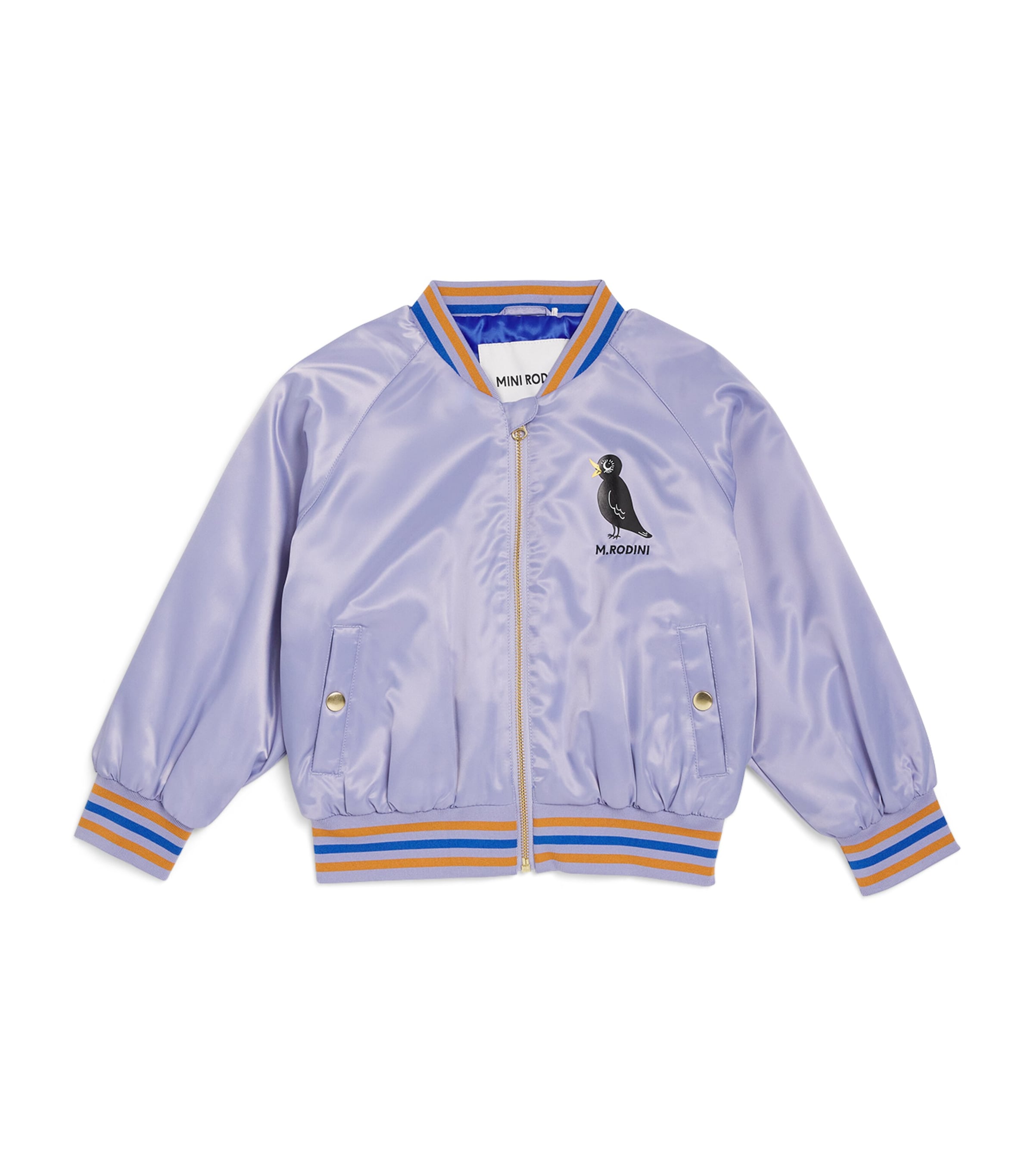 Mini Rodini Embroidered Logo Satin Bomber Jacket In Blue