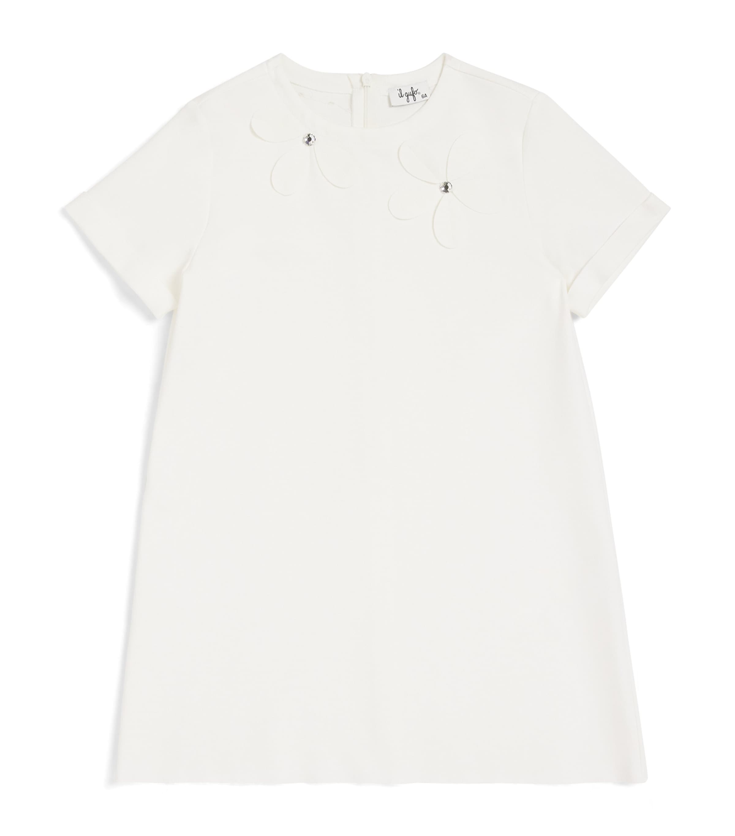 Il Gufo White Crewneck Dress With Floral Patches On The Front And Rear Concealed Zip Closure In Viscose Blen In White
