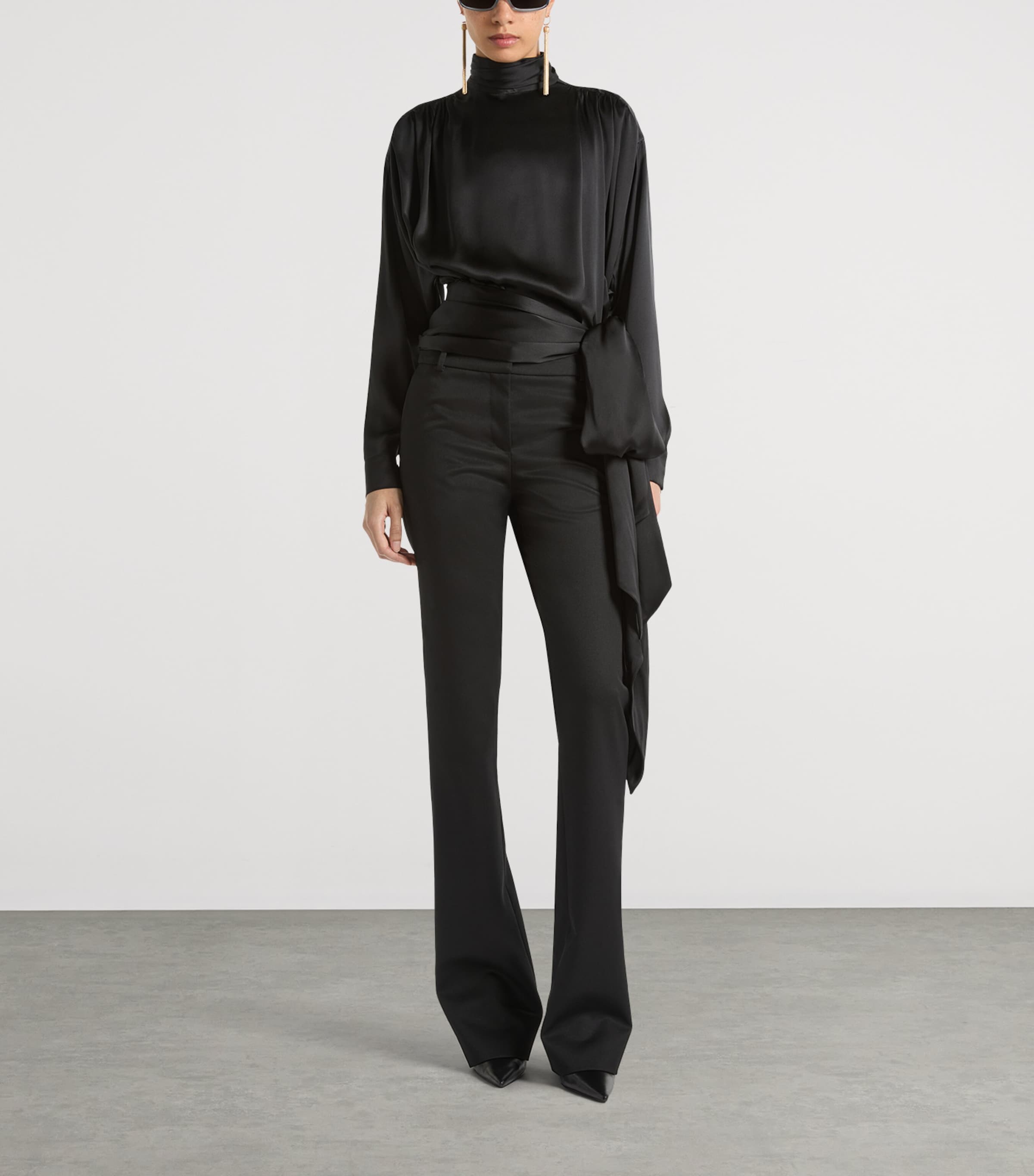 Balmain Womens Silk Satin Tie-Neck Blouse Noir Image 3