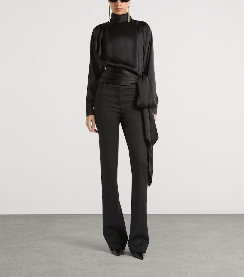 Balmain Womens Silk Satin Tie-Neck Blouse Noir Image 3