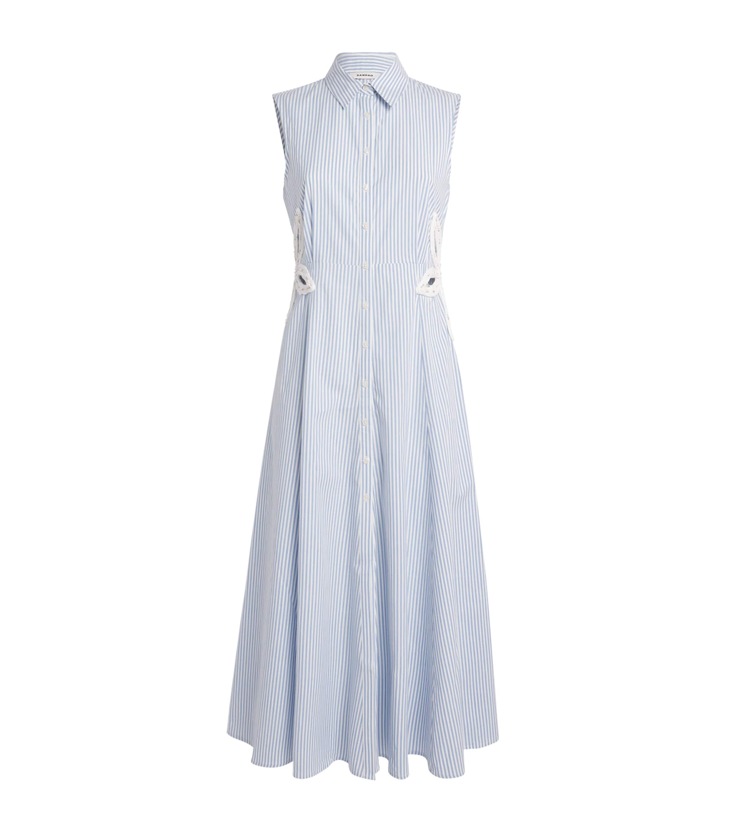 Sandro Womens Bleus Stripe-print Embroidered Stretch-cotton Maxi Dress In Blue