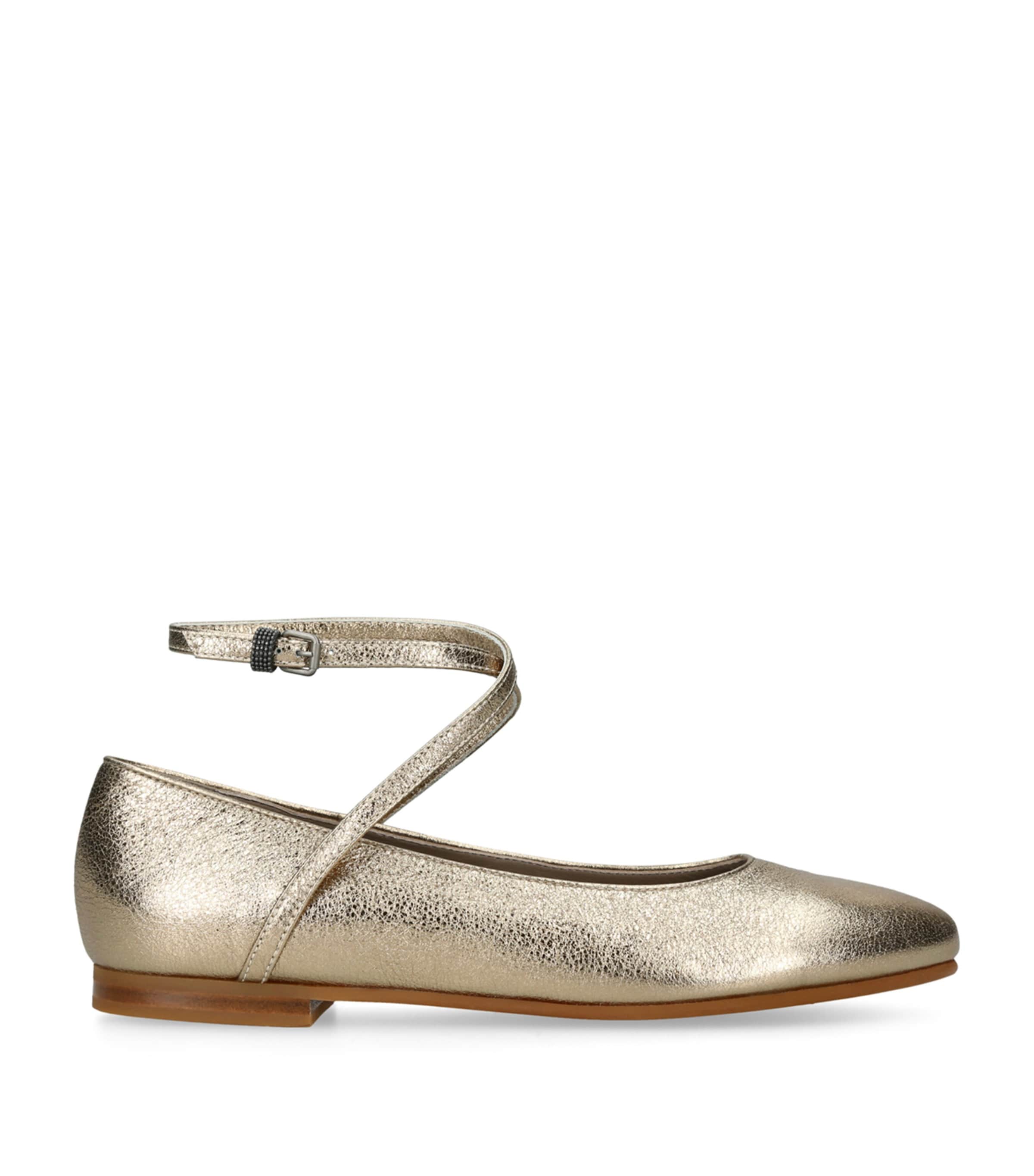 Brunello Cucinelli Leather Metallic Ballet Flats In Gold