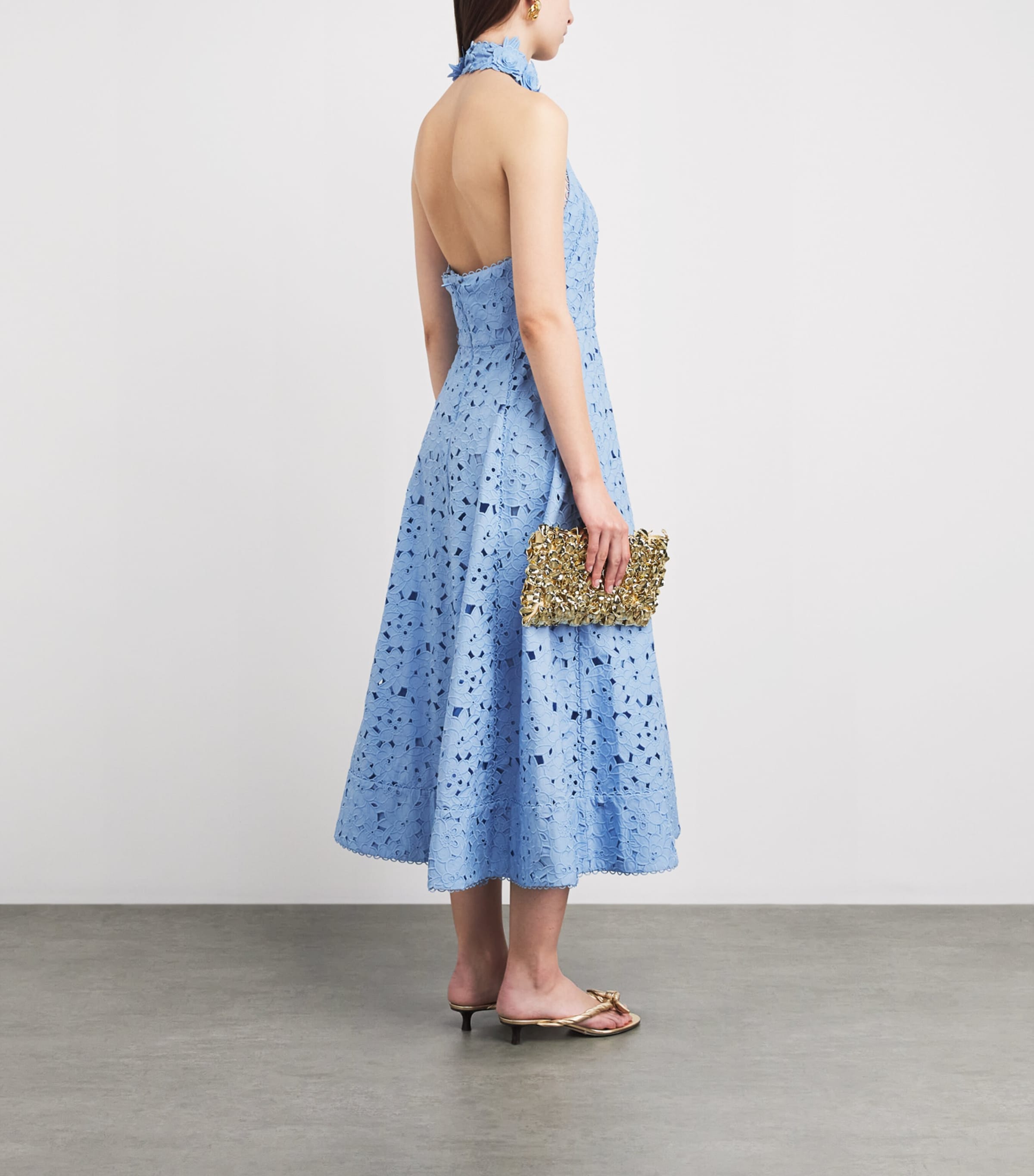 Rebecca Vallance Womens Cotton Embroidered Halterneck Nuvola Midi Dress Blue Image 4