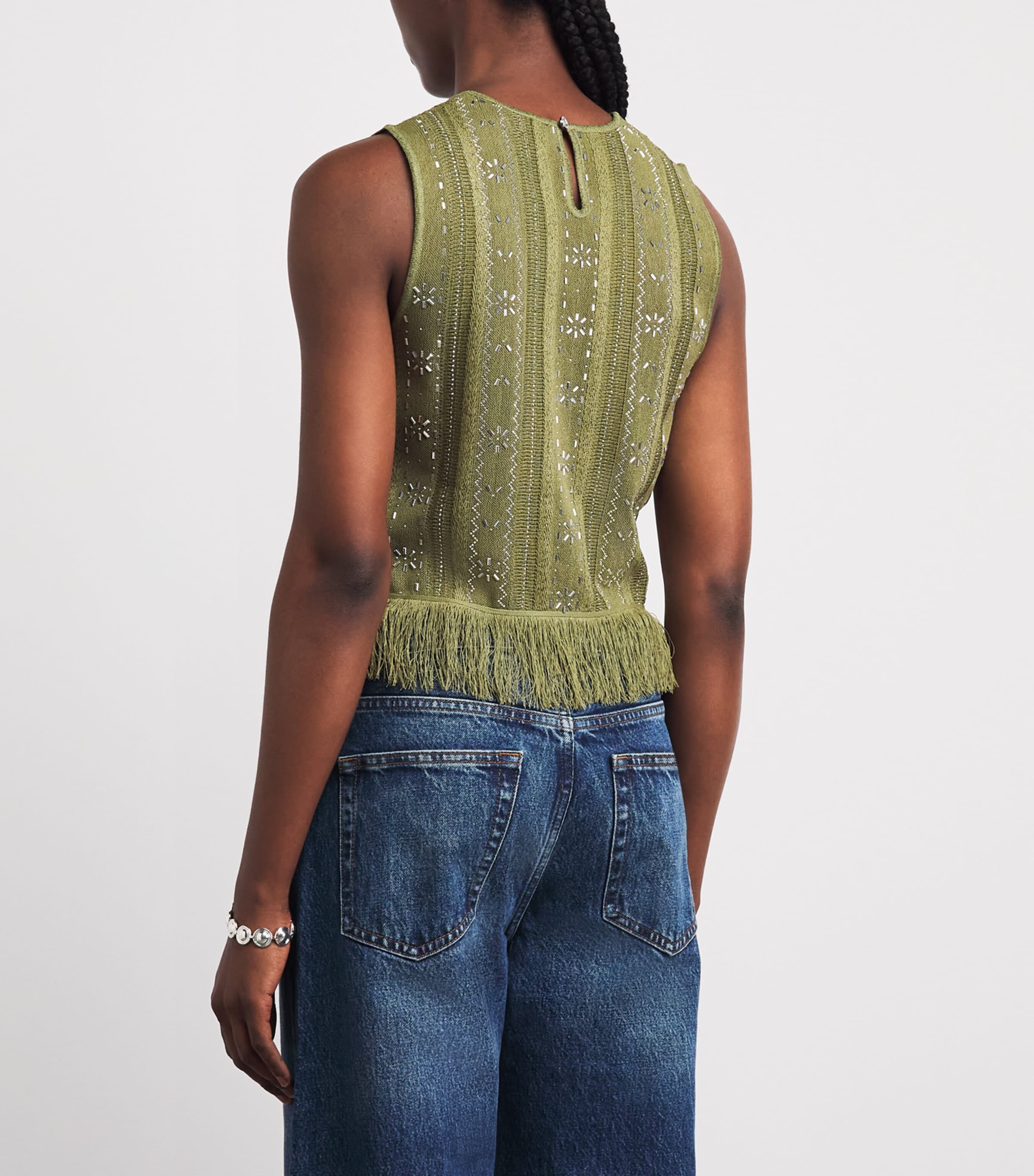 Maje Womens Beaded Fringed Tank Top Khaki Image 4