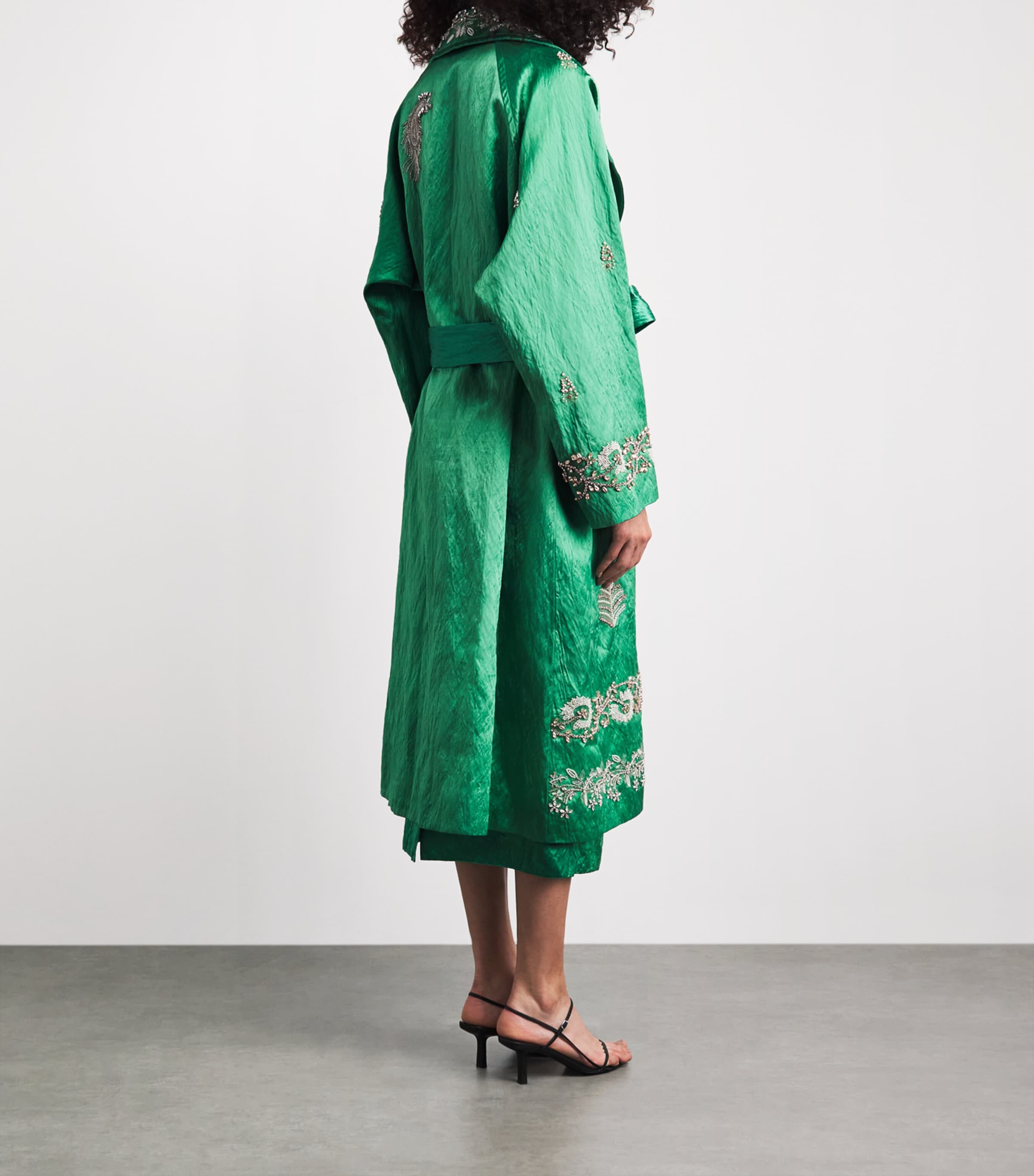 Erdem Womens Satin Embellished Belted Coat Sea Green Image 5