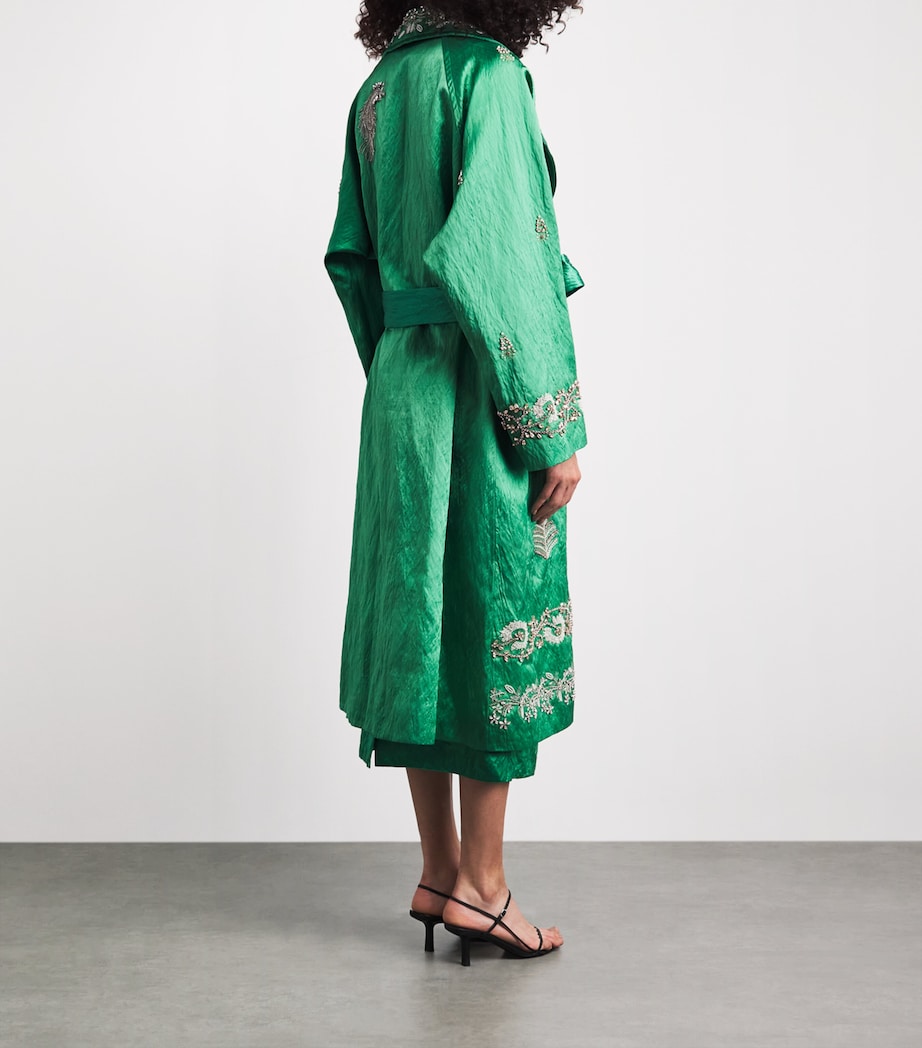 Erdem Womens Satin Embellished Belted Coat Sea Green Image 5