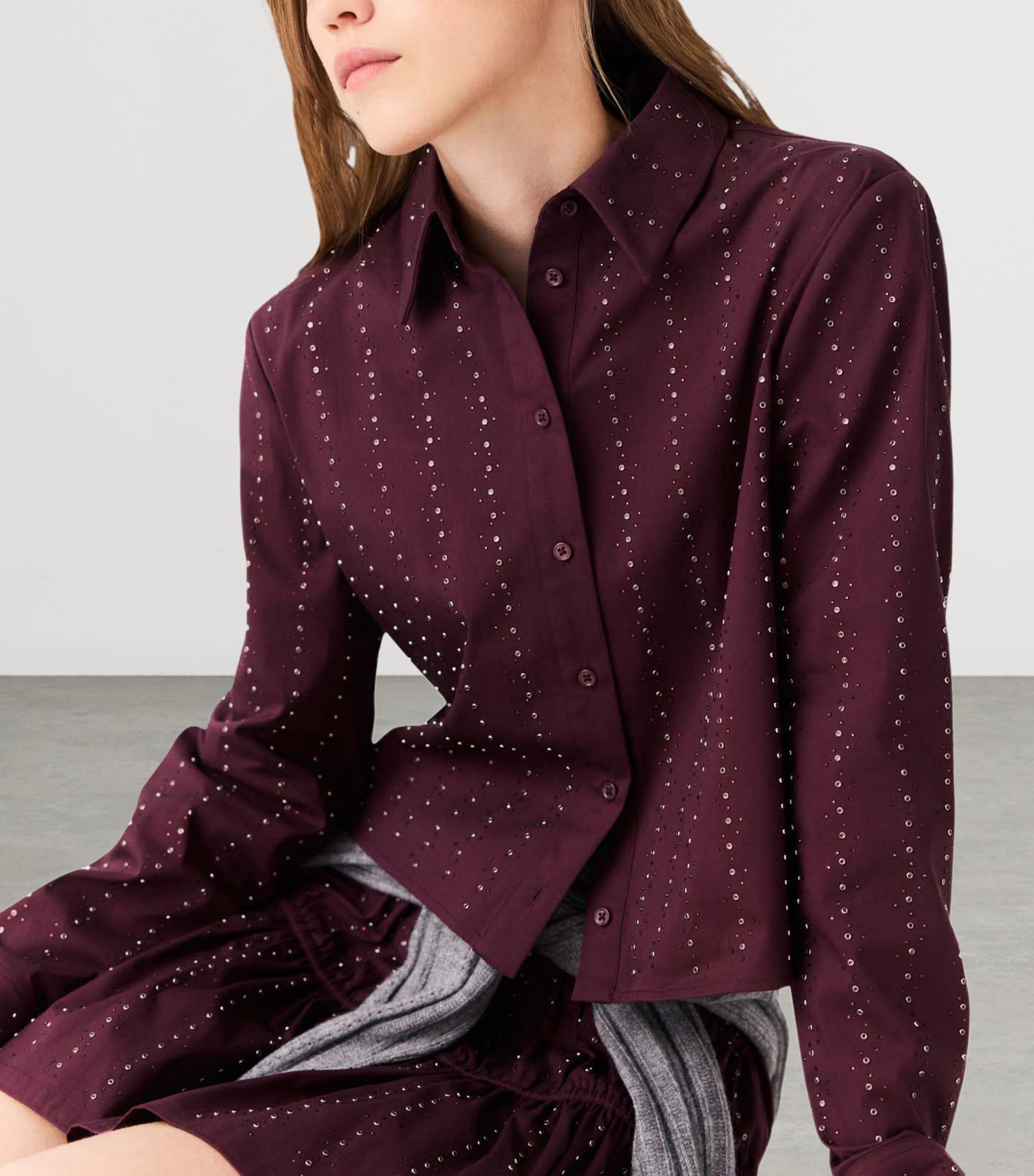 Maje Womens Embellished Stripe Shirt Burgundy Image 7