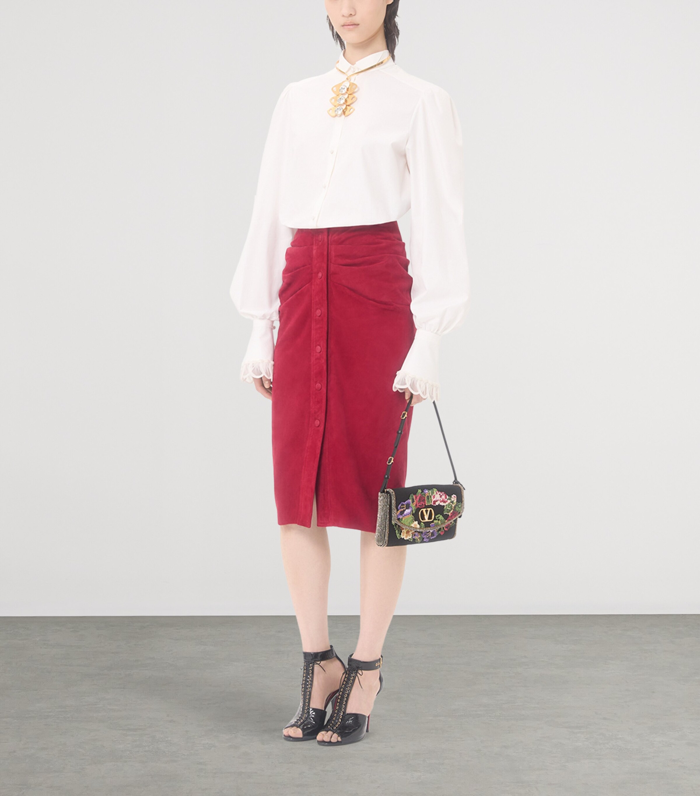 Valentino Red Suede Gathered Midi Skirt | Harrods AL