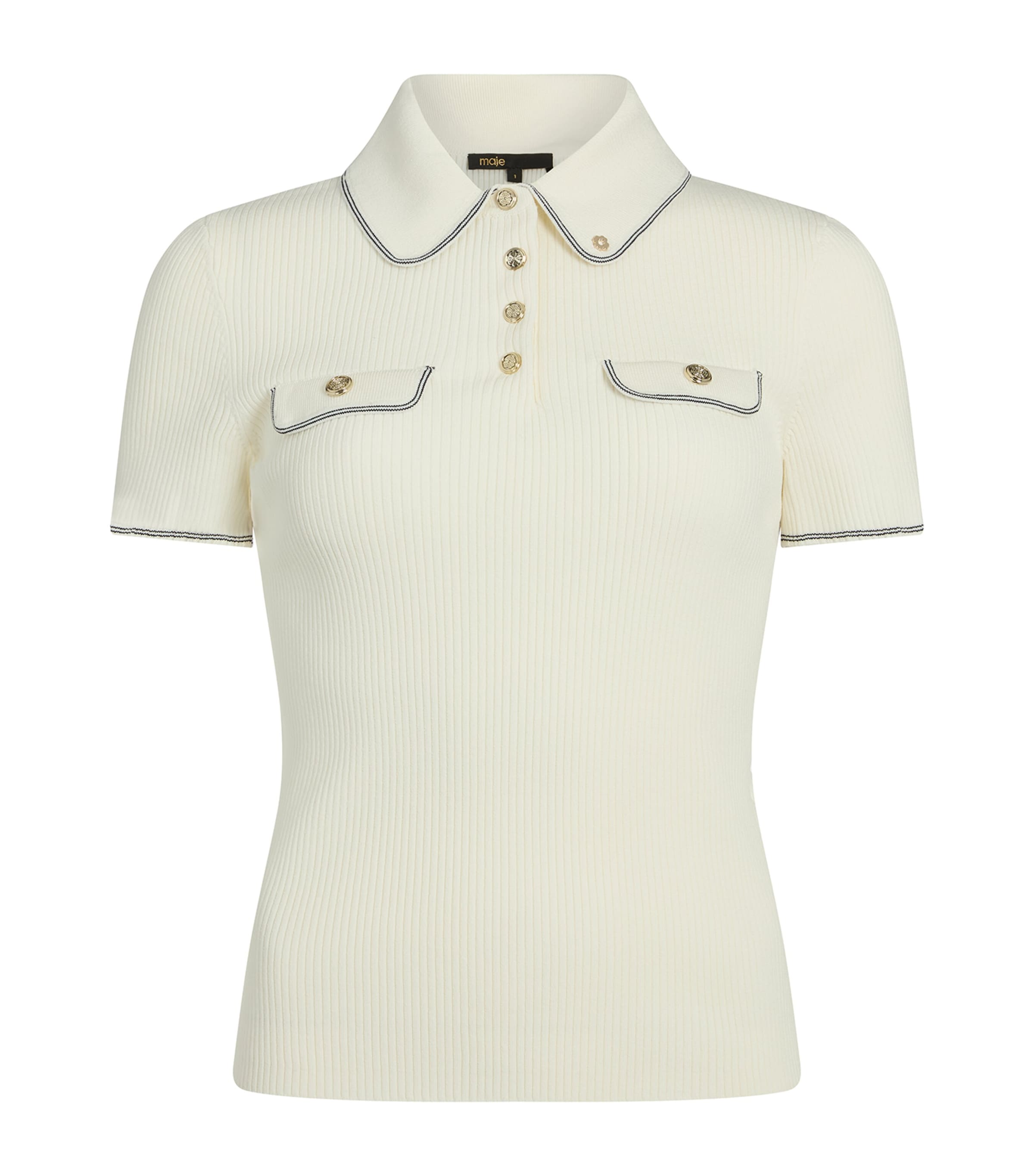 Maje Womens Ecru Flap-pocket Ribbed Stretch-knit Polo Shirt In Neutral