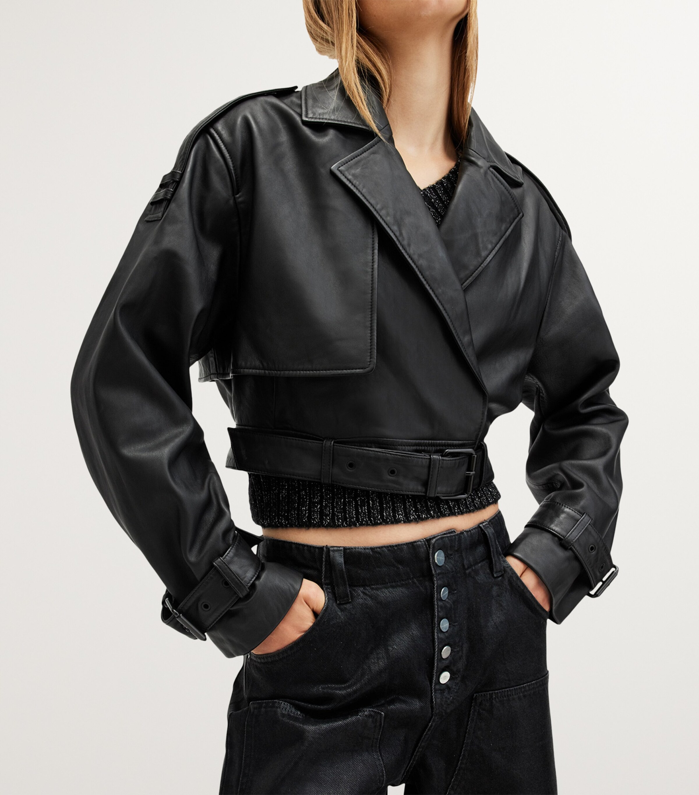 AllSaints Leather Ophelia Cropped Jacket | Harrods US