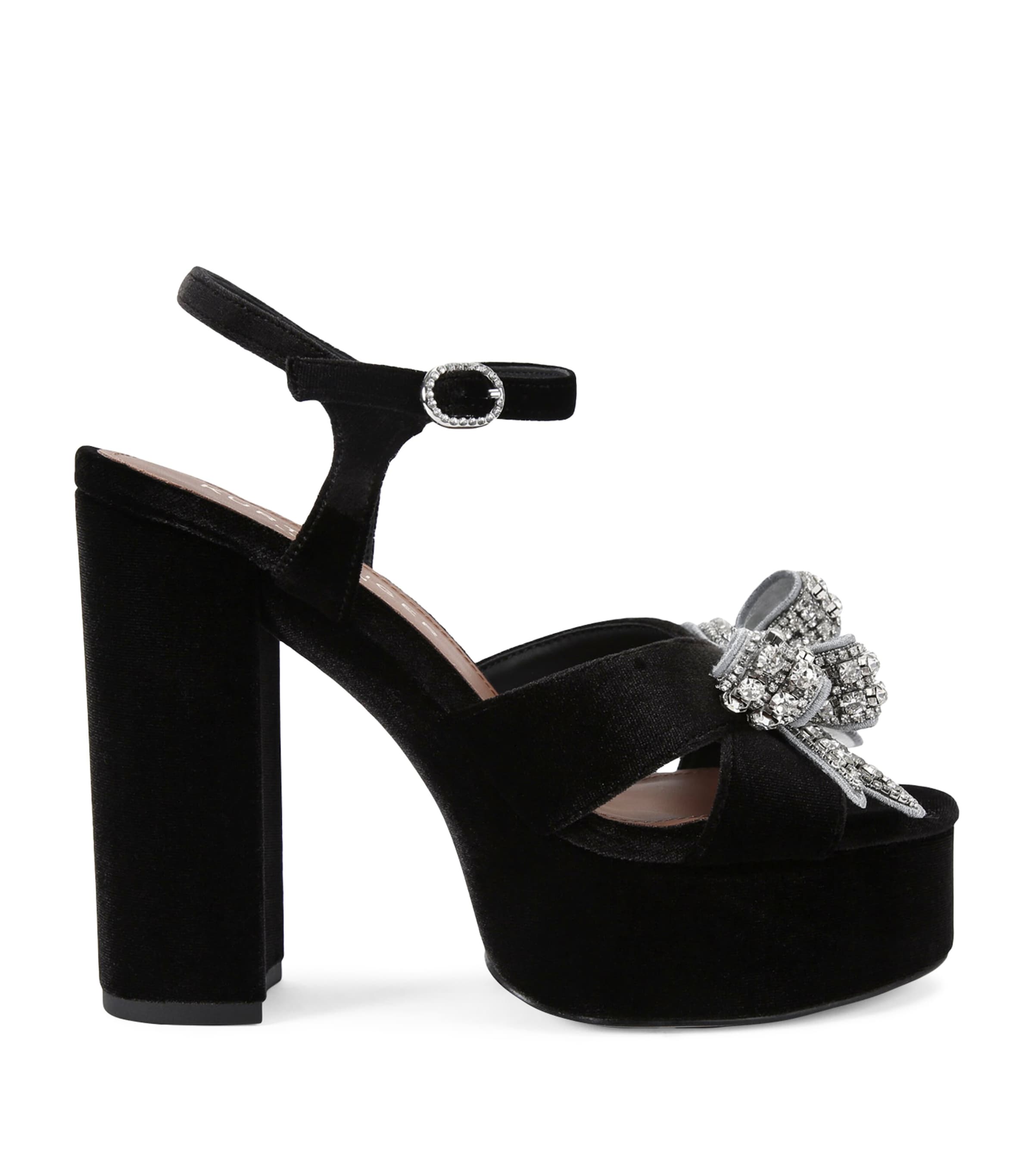 Kurt Geiger Velvet Embellished Bow Platform Sandals In Black