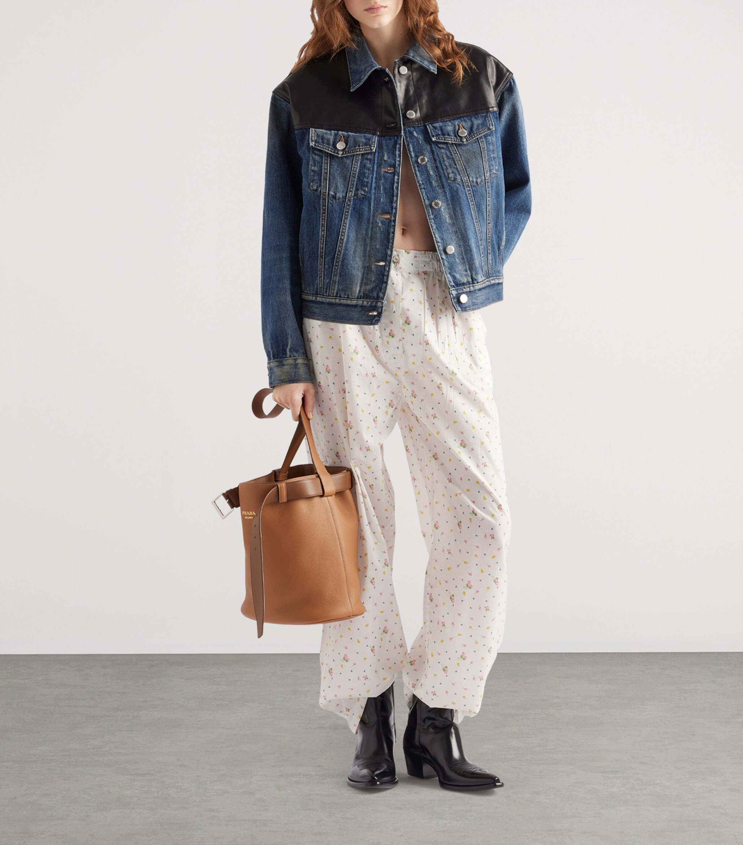 Leather-Trim Denim Jacket F0008 Image 2