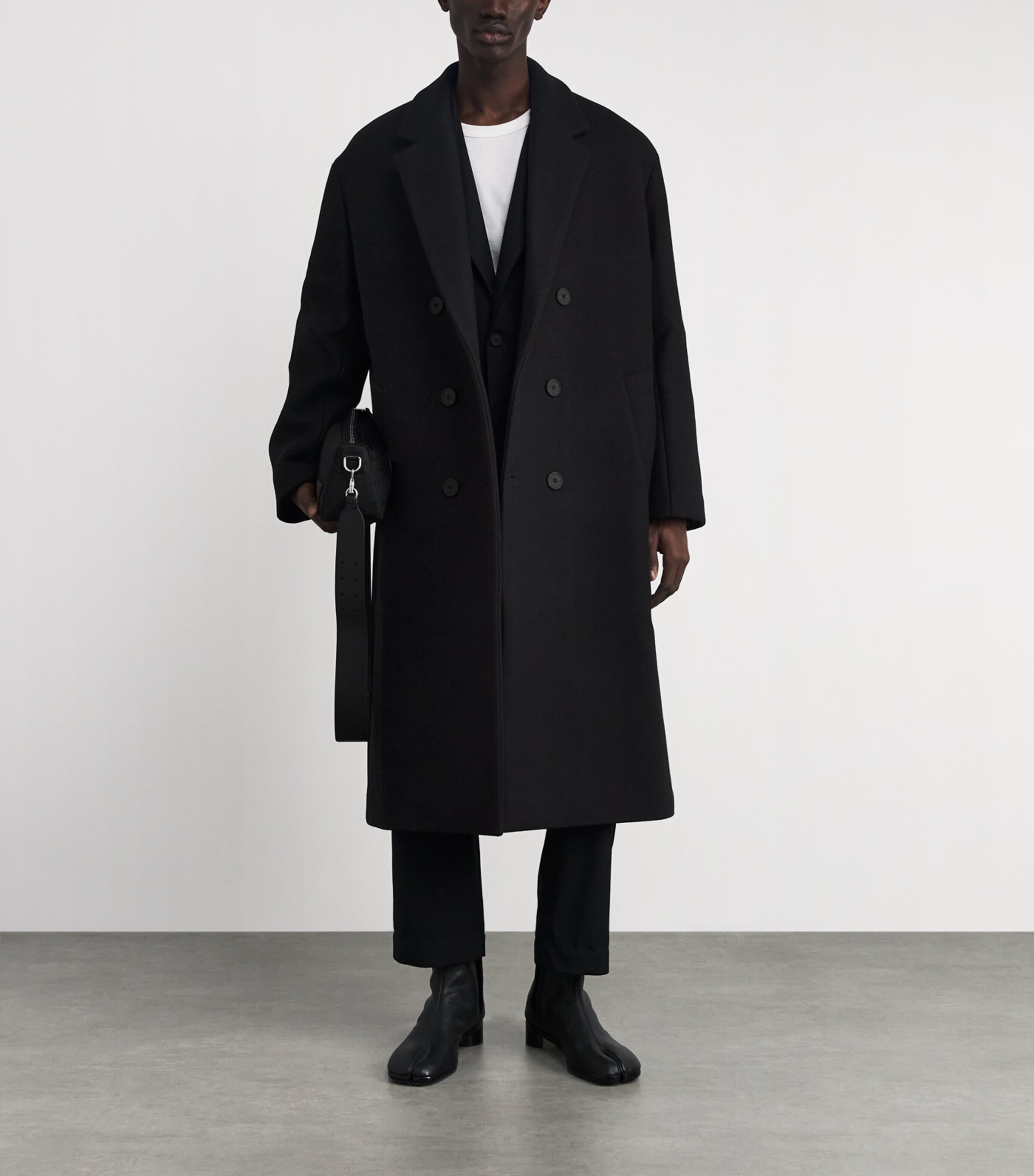 Studio Nicholson Black Wool-Blend Double-Breasted Diall Overcoat Studio Nicholson Black Wool-Blend Double-Breasted Diall Overcoat