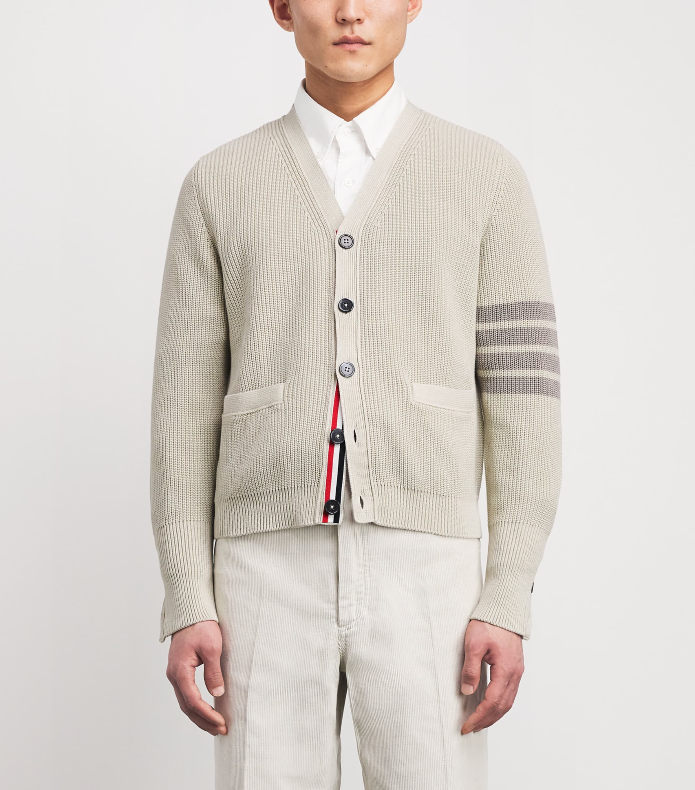 Thom Browne Mens Cotton 4-Bar Cardigan Beige Image 4