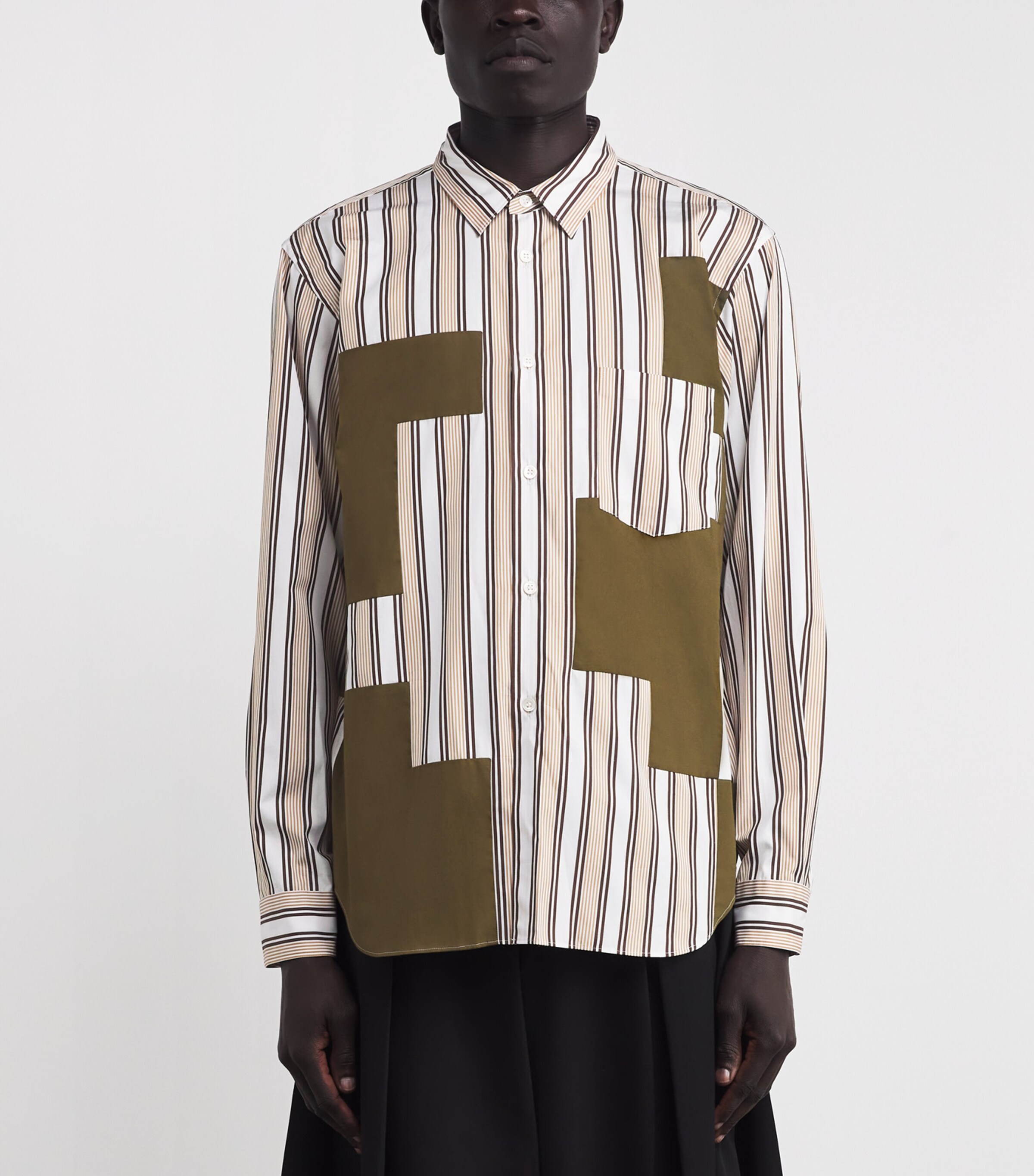Comme Des Garçons Homme Plus Mens Cotton Patchwork Stripe Shirt Wht/brwn X Khaki Image 3