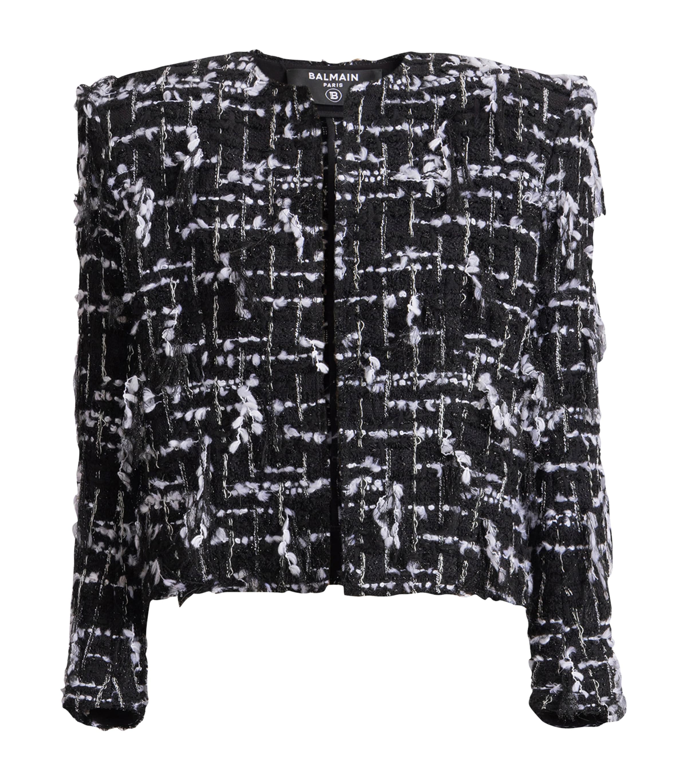 Balmain Womens Frayed Tweed Cropped Jacket Eab Noir/blanc Image 1