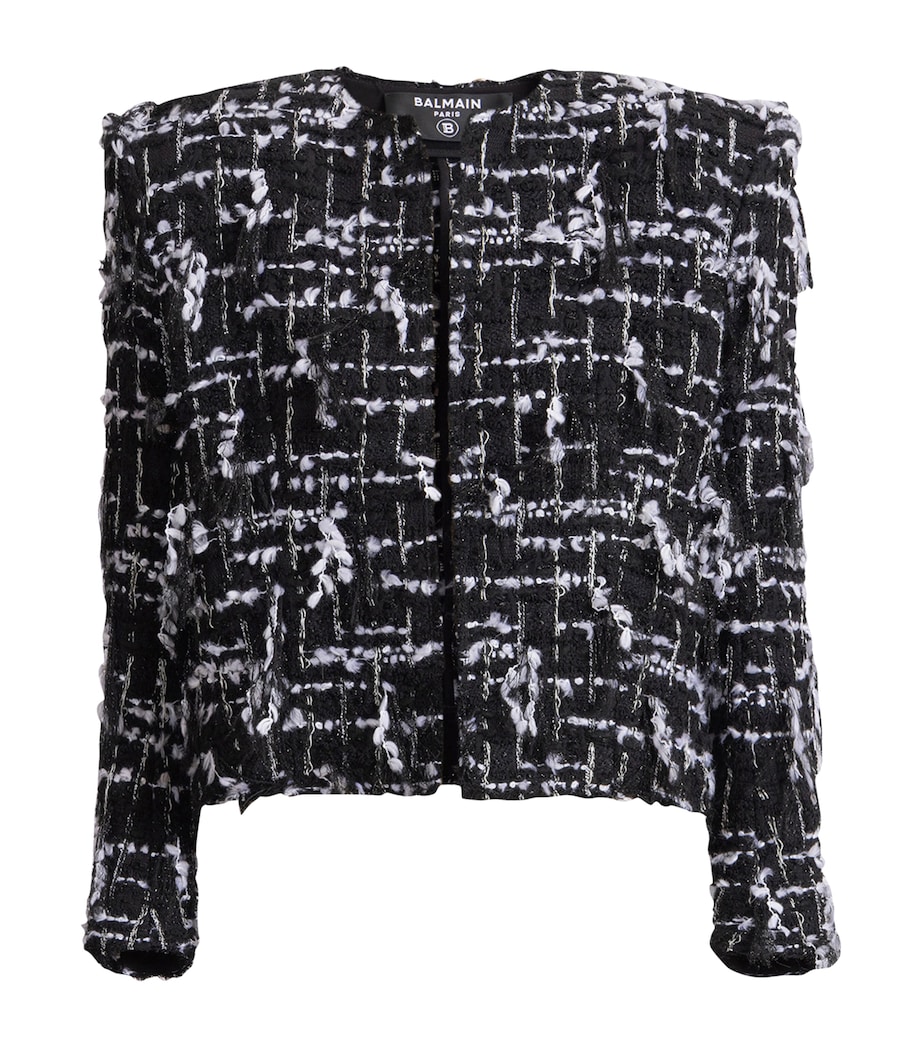 Balmain Womens Frayed Tweed Cropped Jacket Eab Noir/blanc Image 1