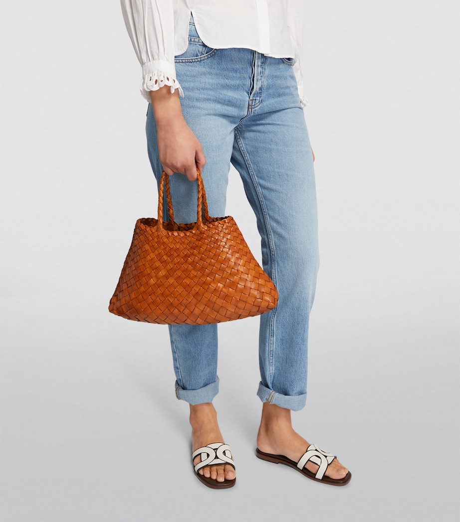 Small Leather Woven Santa Croce Tote Bag TAN Image 4