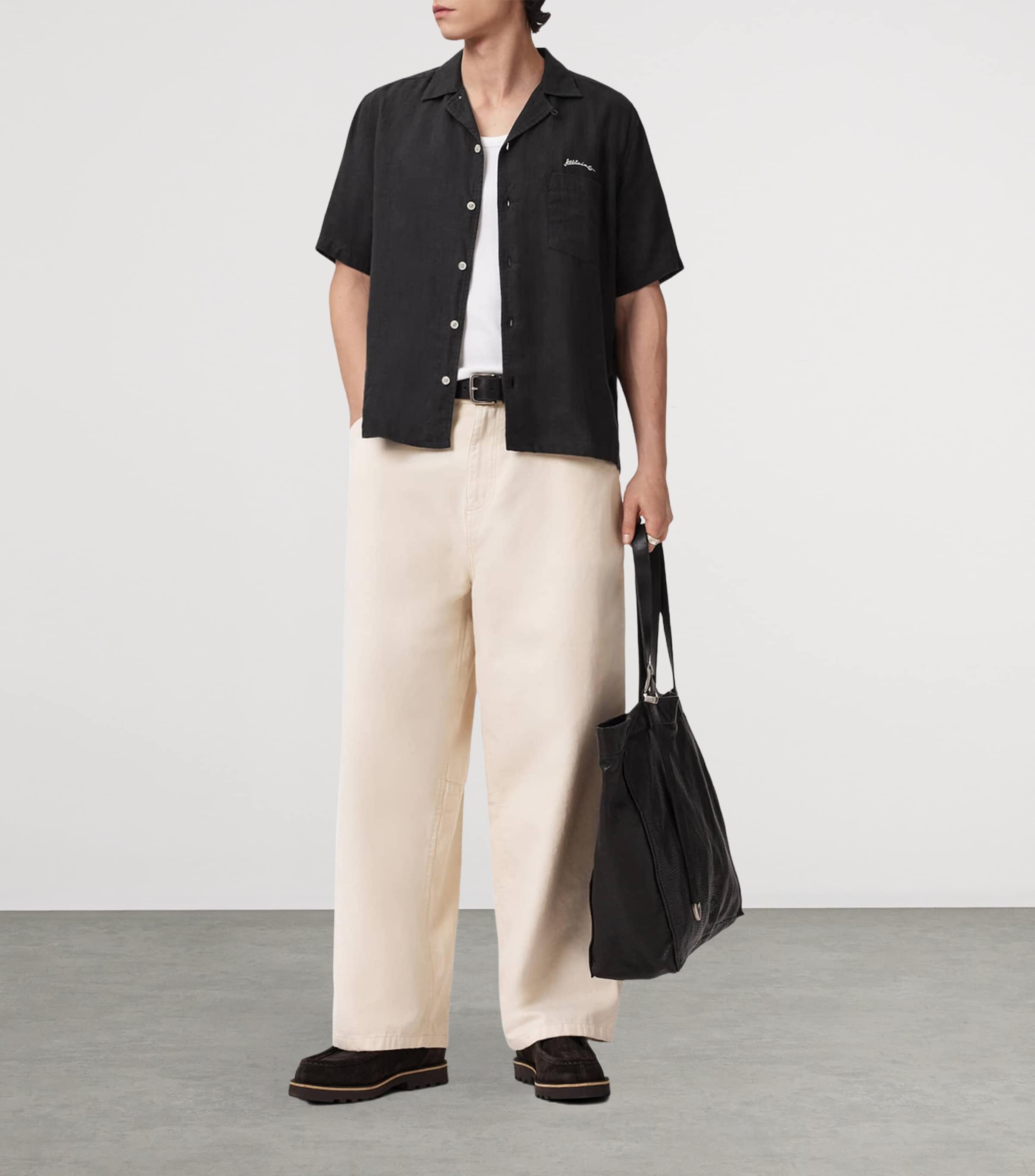 AllSaints Mens Linen Embroidered Wilder Shirt Black Image 3