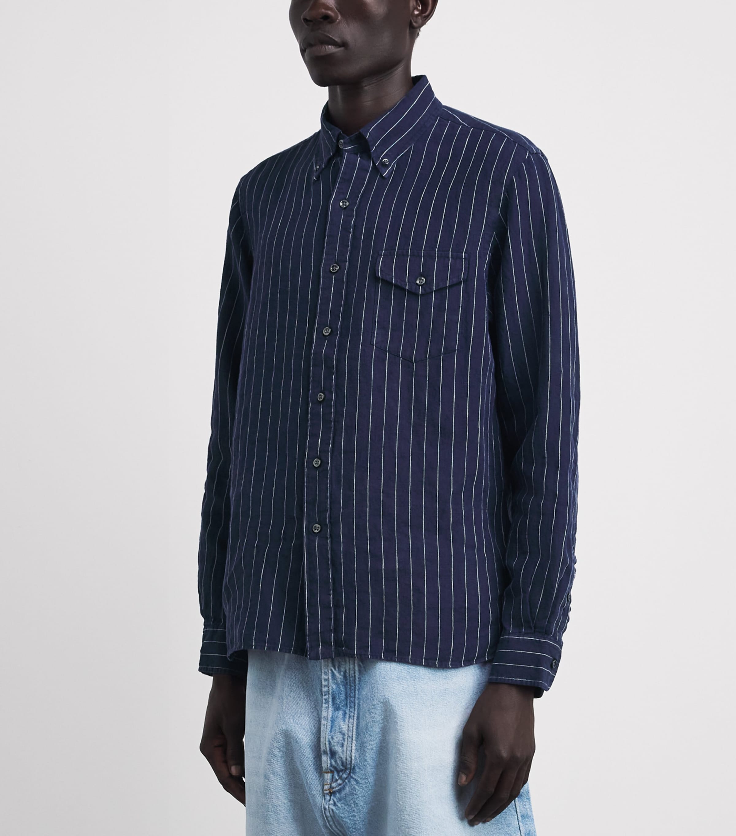 Polo Ralph Lauren Mens Linen Stripe Shirt Navy White Image 4