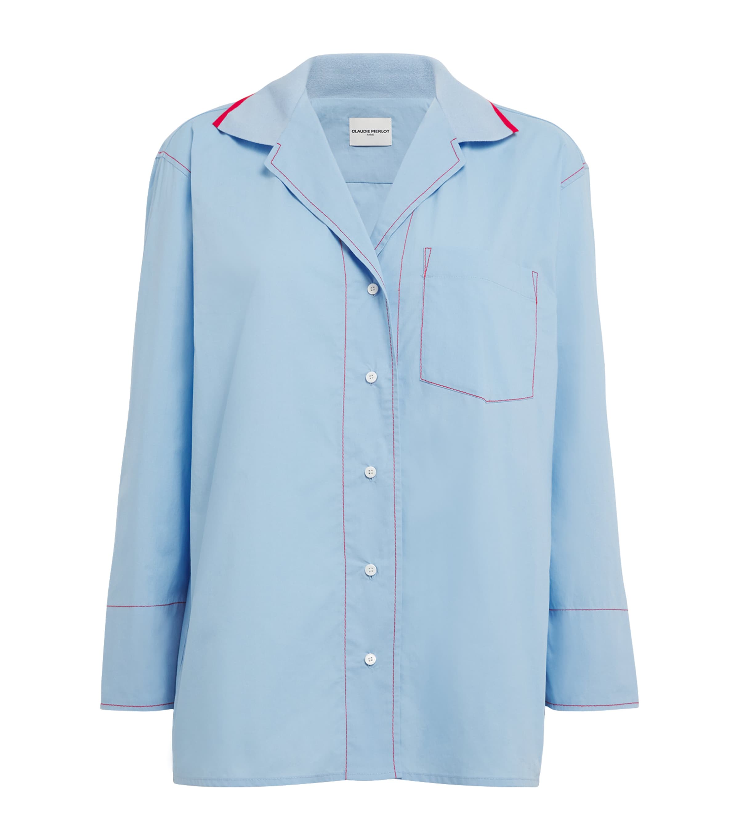 Shop Claudie Pierlot Cotton Contrast-stitch Shirt In Blue